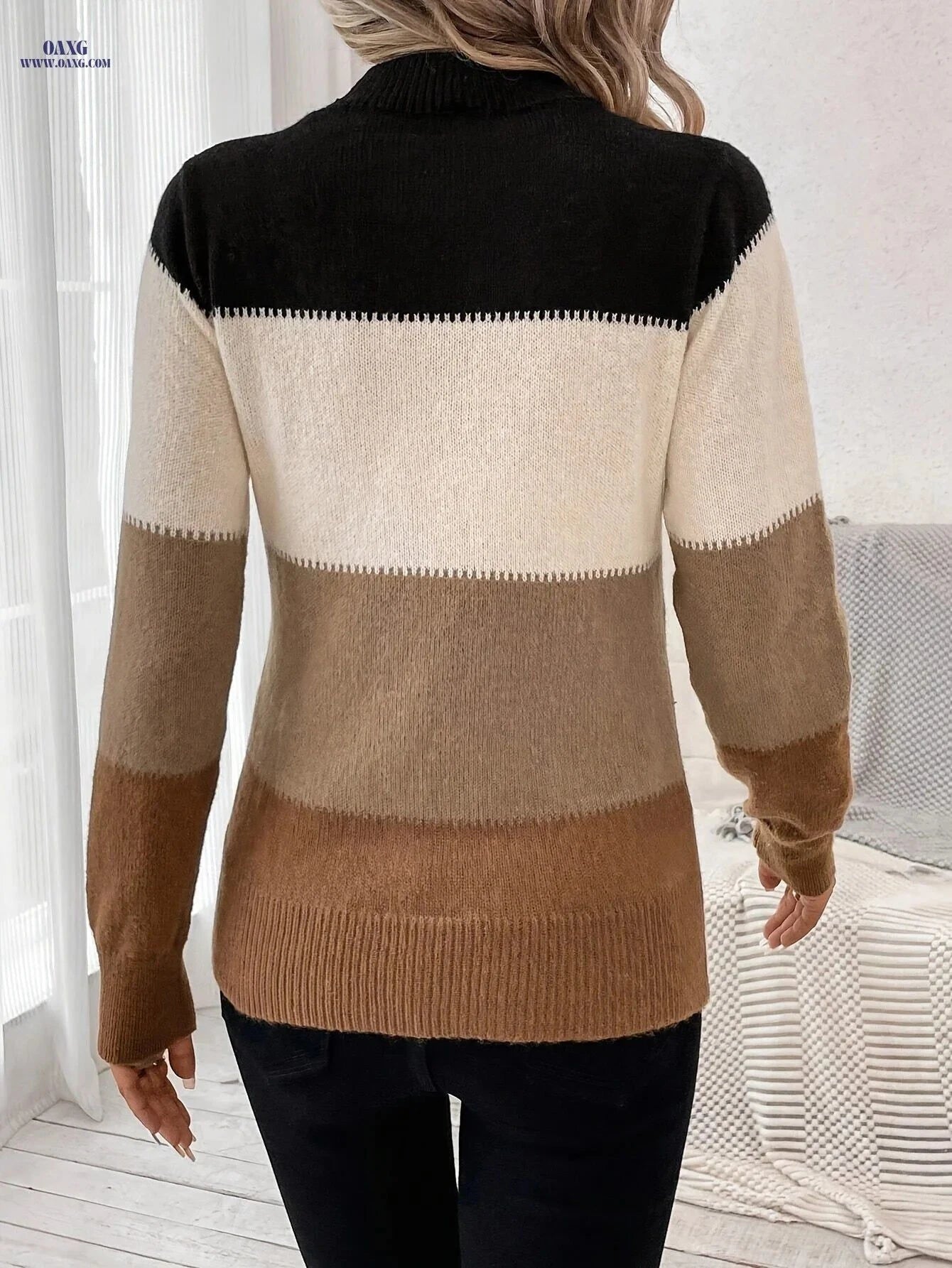 OAXG Color-Block High-Neck Sweater - Elegant Knit Design for All Seasons   OAXG Mixed colors / S
