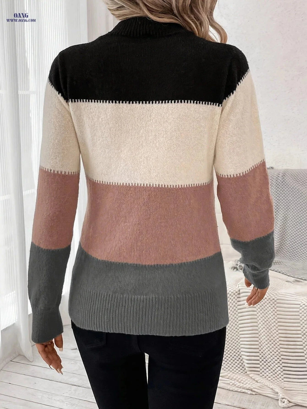 OAXG Color-Block High-Neck Sweater - Elegant Knit Design for All Seasons   OAXG Mixed colors / S
