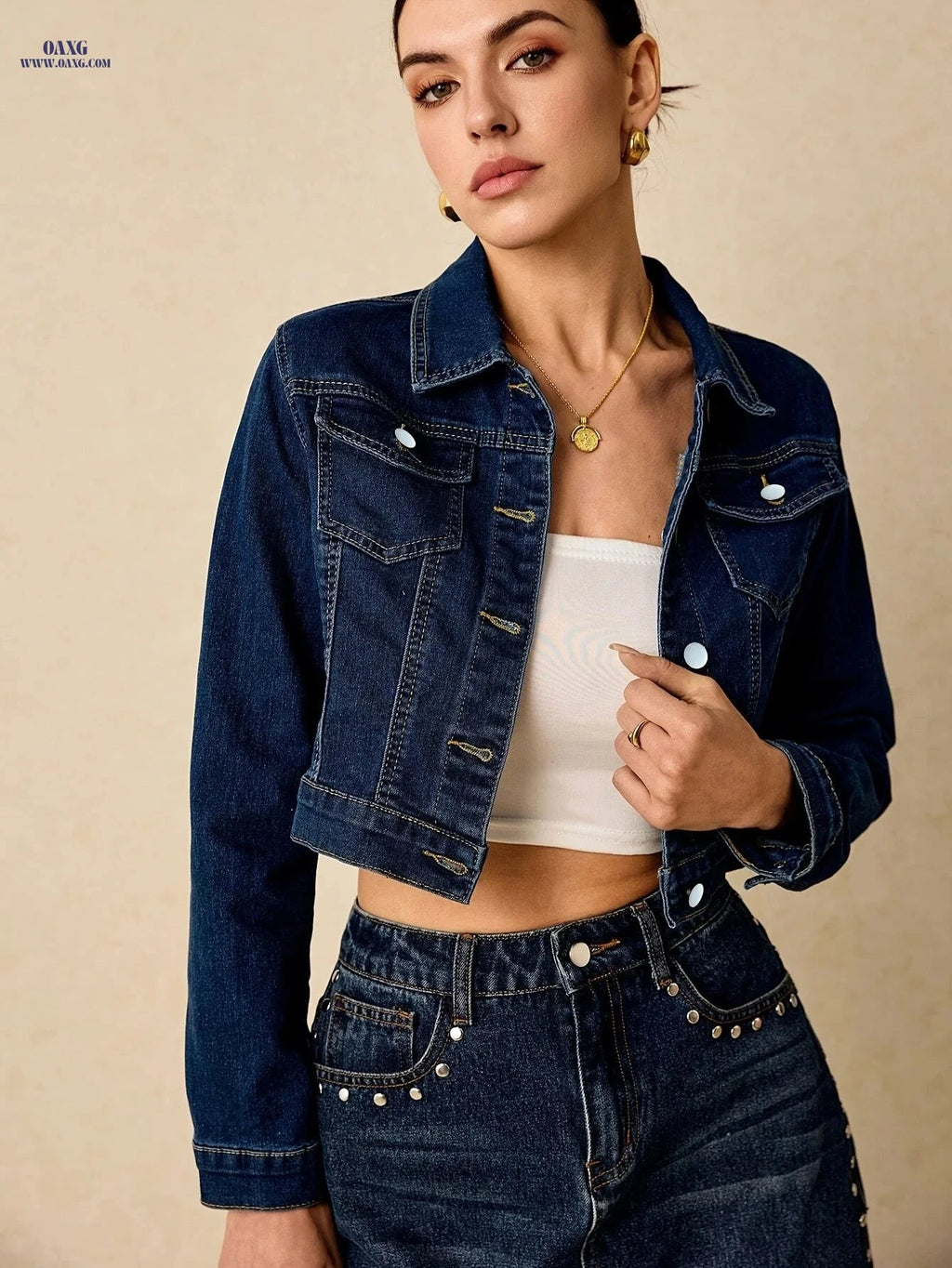 OAXG Dark Blue Denim Jacket for Women - Casual Long Sleeve Fit   OAXG 