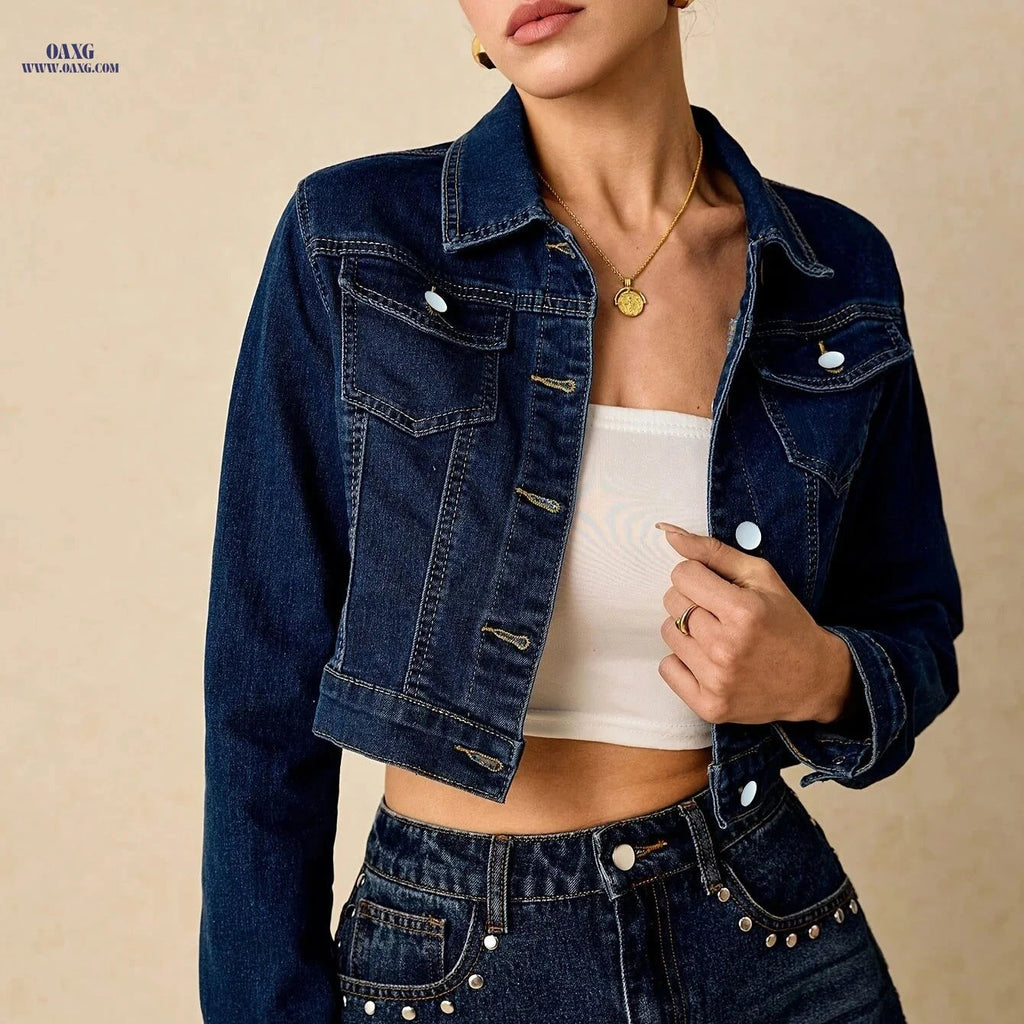 OAXG Dark Blue Denim Jacket for Women - Casual Long Sleeve Fit   OAXG 
