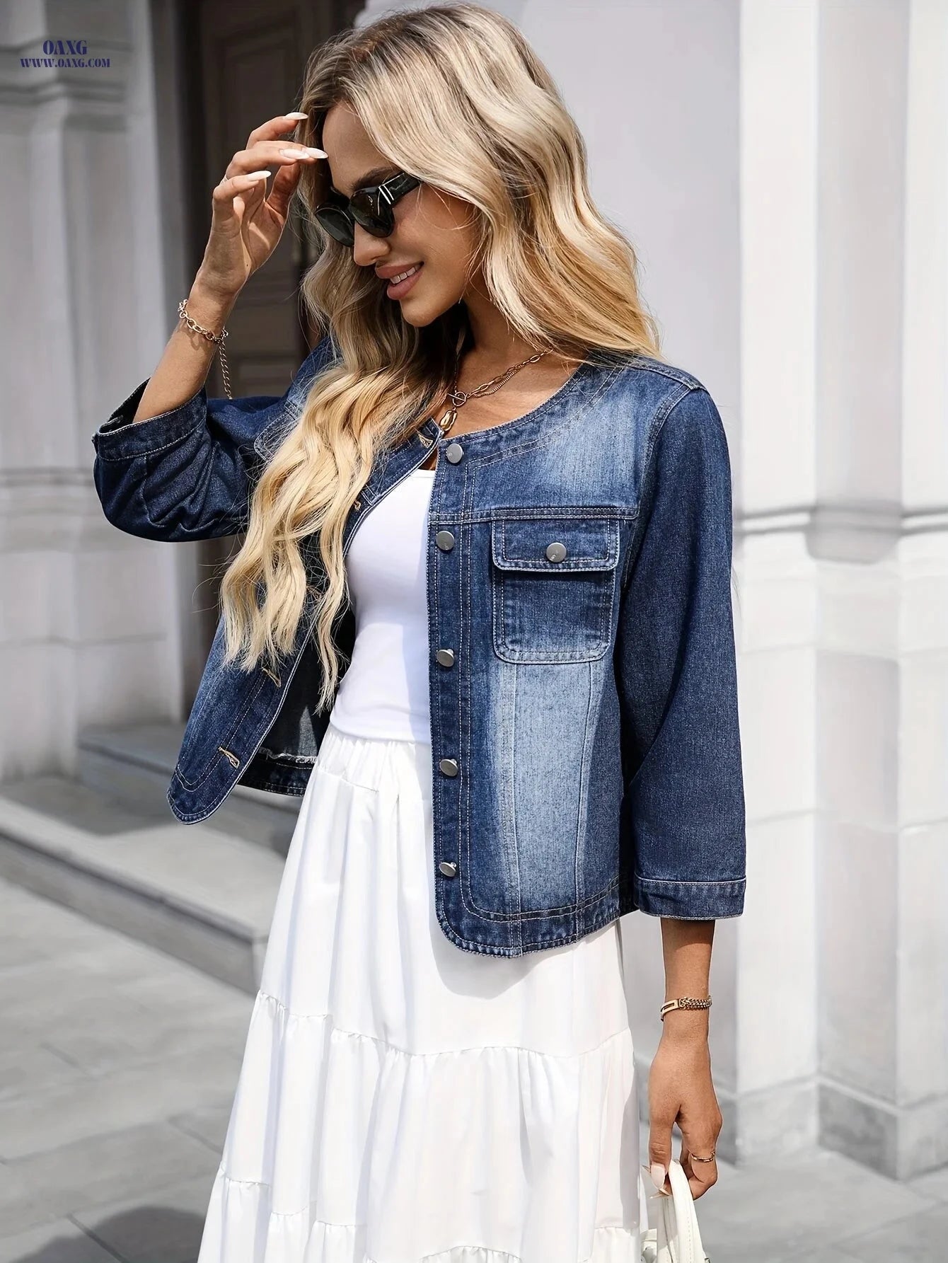 OAXG Deep Blue Denim Jacket - Elegant Round Neck, Three-Quarter Sleeves   OAXG 