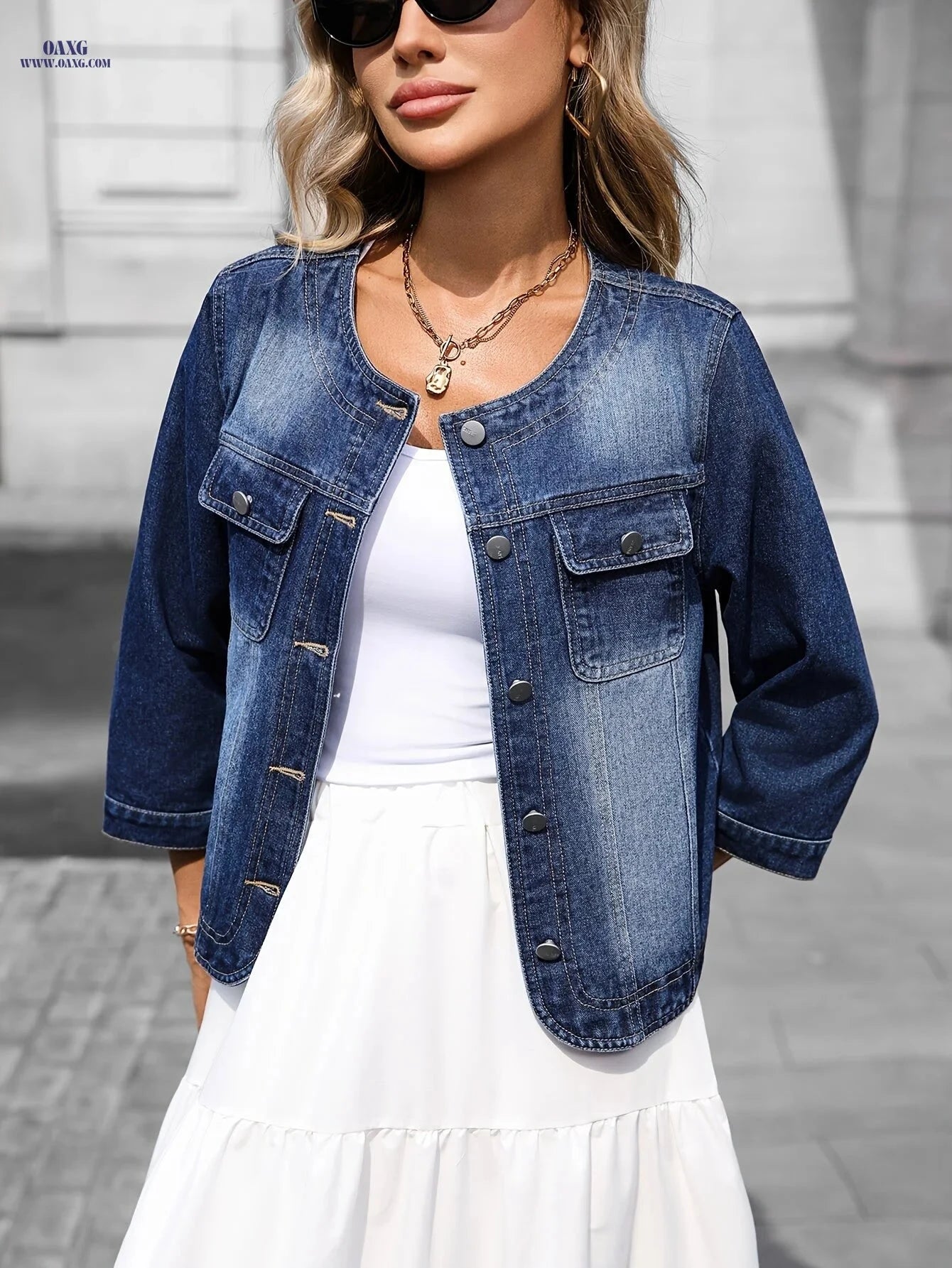 OAXG Deep Blue Denim Jacket - Elegant Round Neck, Three-Quarter Sleeves   OAXG 