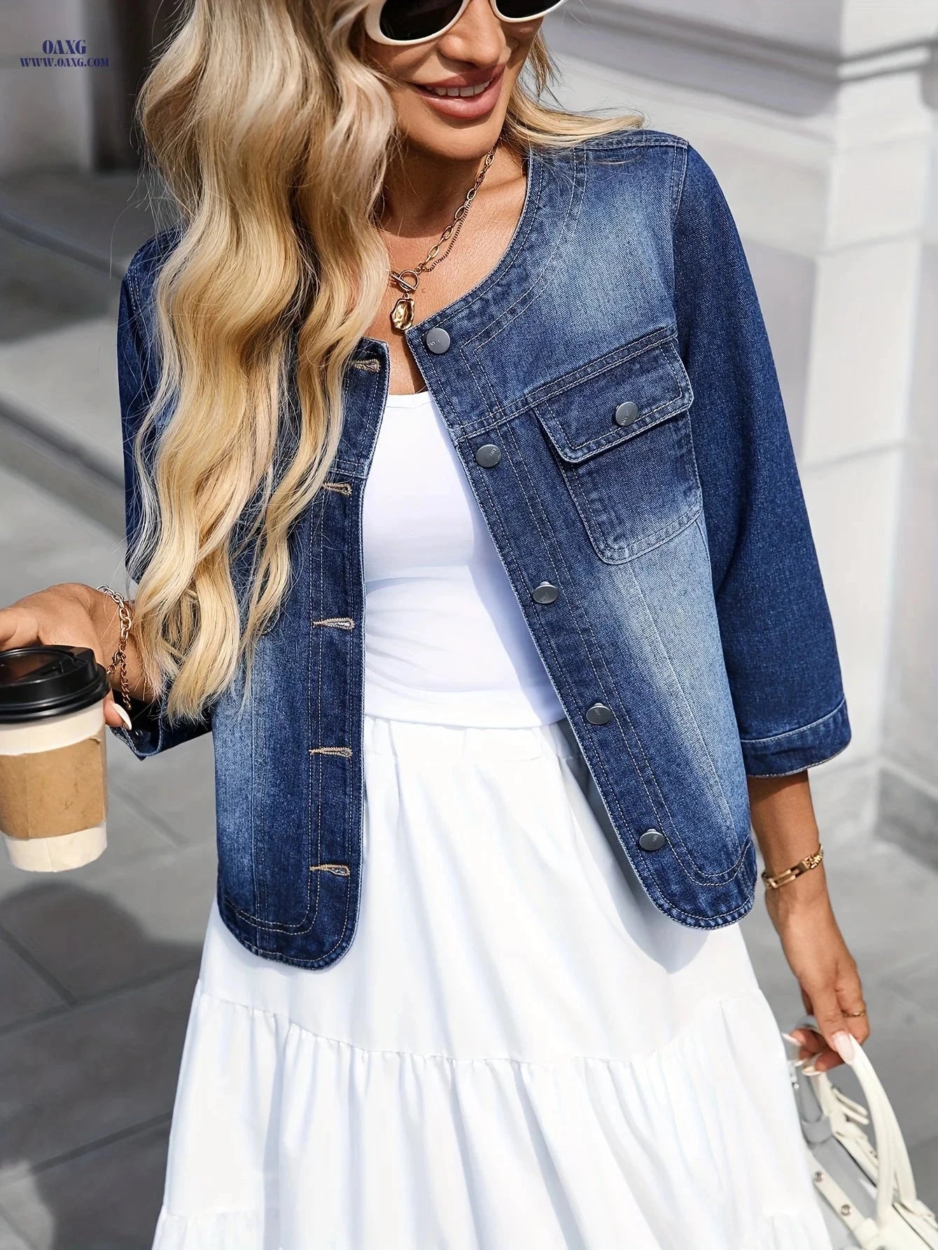 OAXG Deep Blue Denim Jacket - Elegant Round Neck, Three-Quarter Sleeves   OAXG 