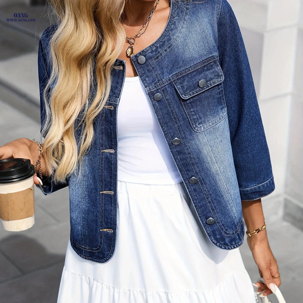 OAXG Deep Blue Denim Jacket - Elegant Round Neck, Three-Quarter Sleeves   OAXG 