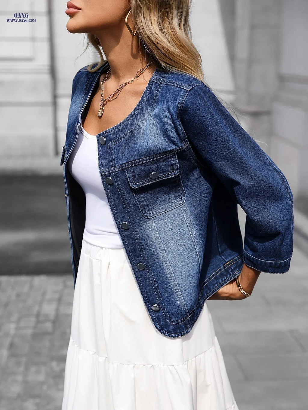 OAXG Deep Blue Denim Jacket - Elegant Round Neck, Three-Quarter Sleeves   OAXG 