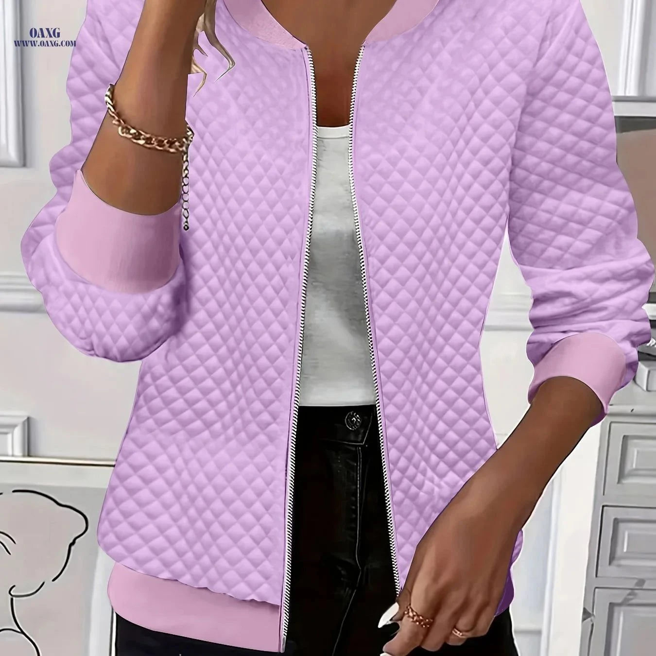 OAXG Elegant Casual Women's Jacket - Textured Fabric, Zipper Detail   OAXG White / S