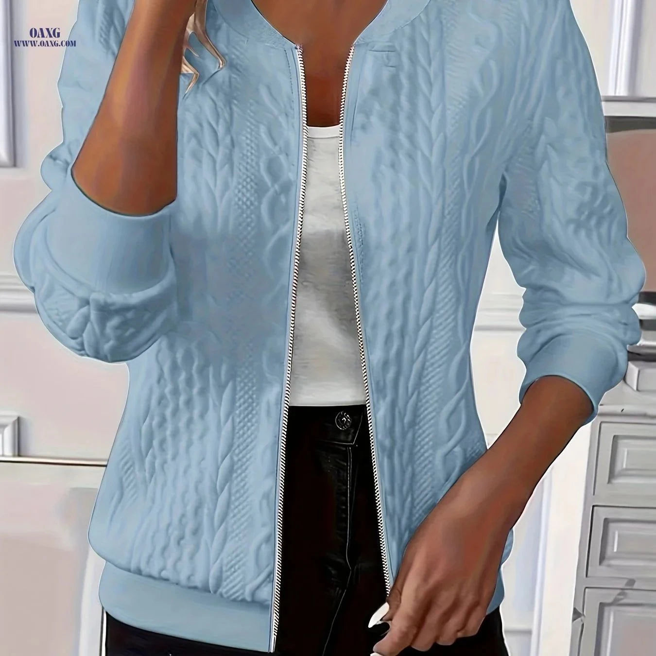 OAXG Elegant Casual Women’s Jacket - Textured Fabric, Zippered Sleeves   OAXG Violet / S