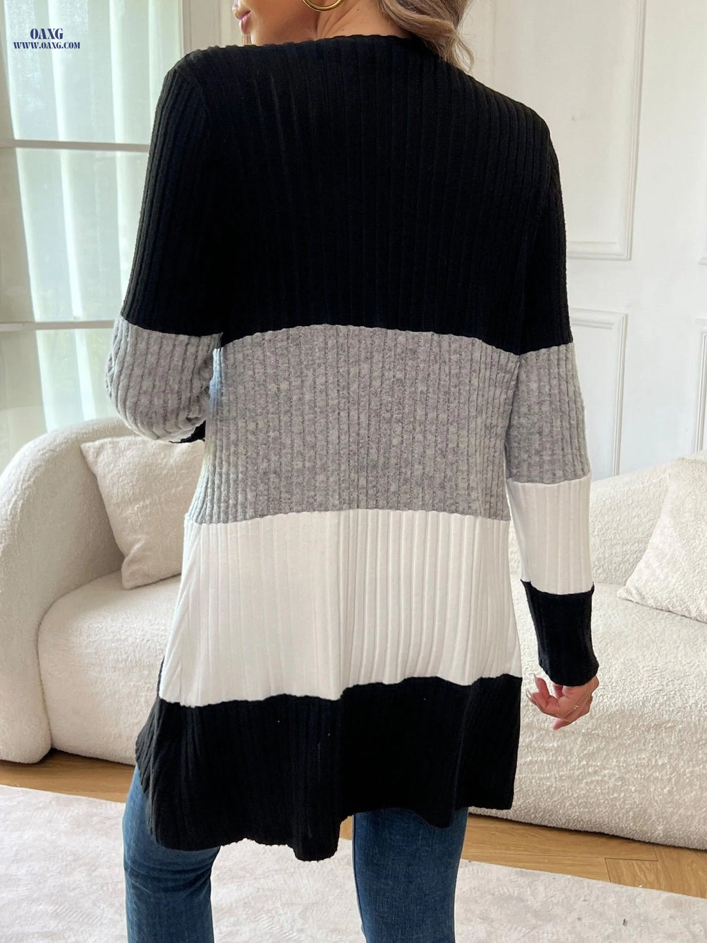 OAXG Elegant Color Block Cardigan - Versatile Mid-Length Top   OAXG Mixed colors / S