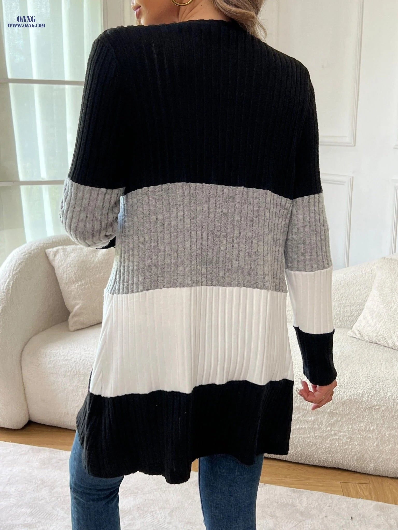 OAXG Elegant Color Block Cardigan - Versatile Mid-Length Top   OAXG Mixed colors / S