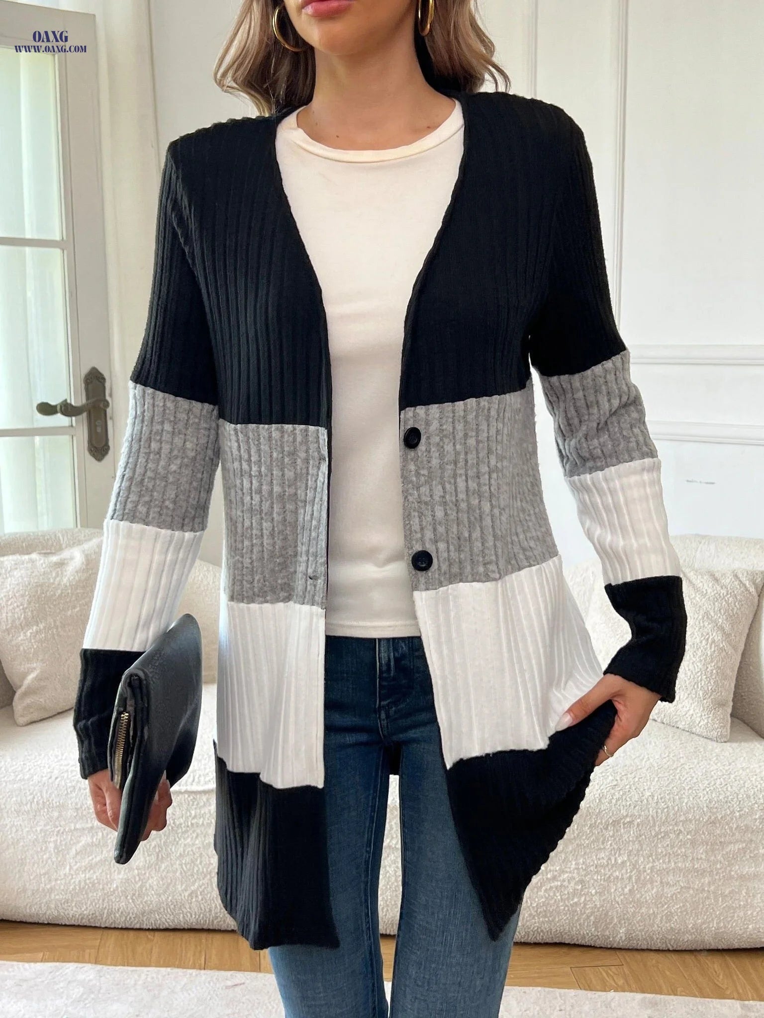 OAXG Elegant Color Block Cardigan - Versatile Mid-Length Top   OAXG Mixed colors / S