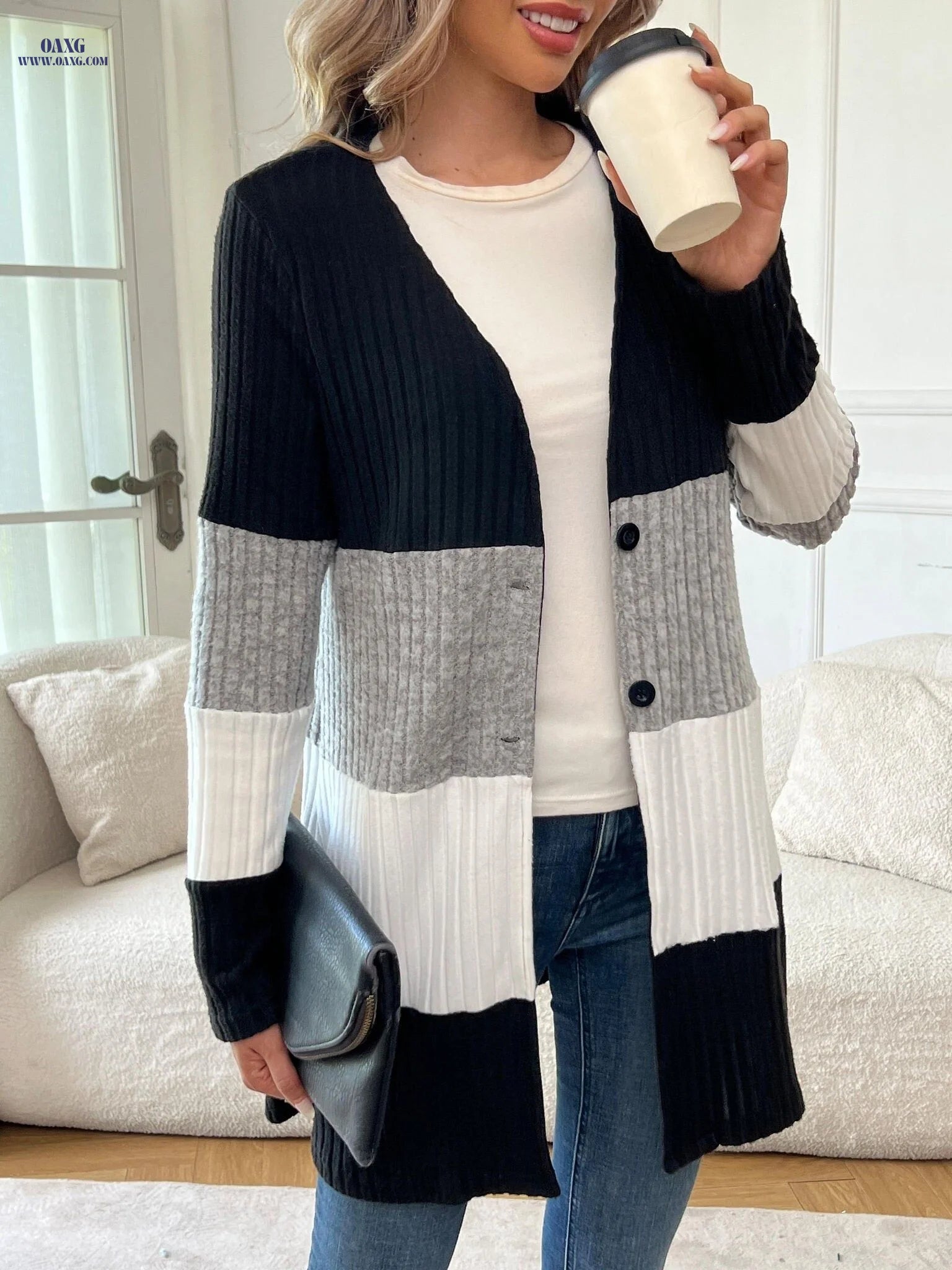 OAXG Elegant Color Block Cardigan - Versatile Mid-Length Top   OAXG Mixed colors / S