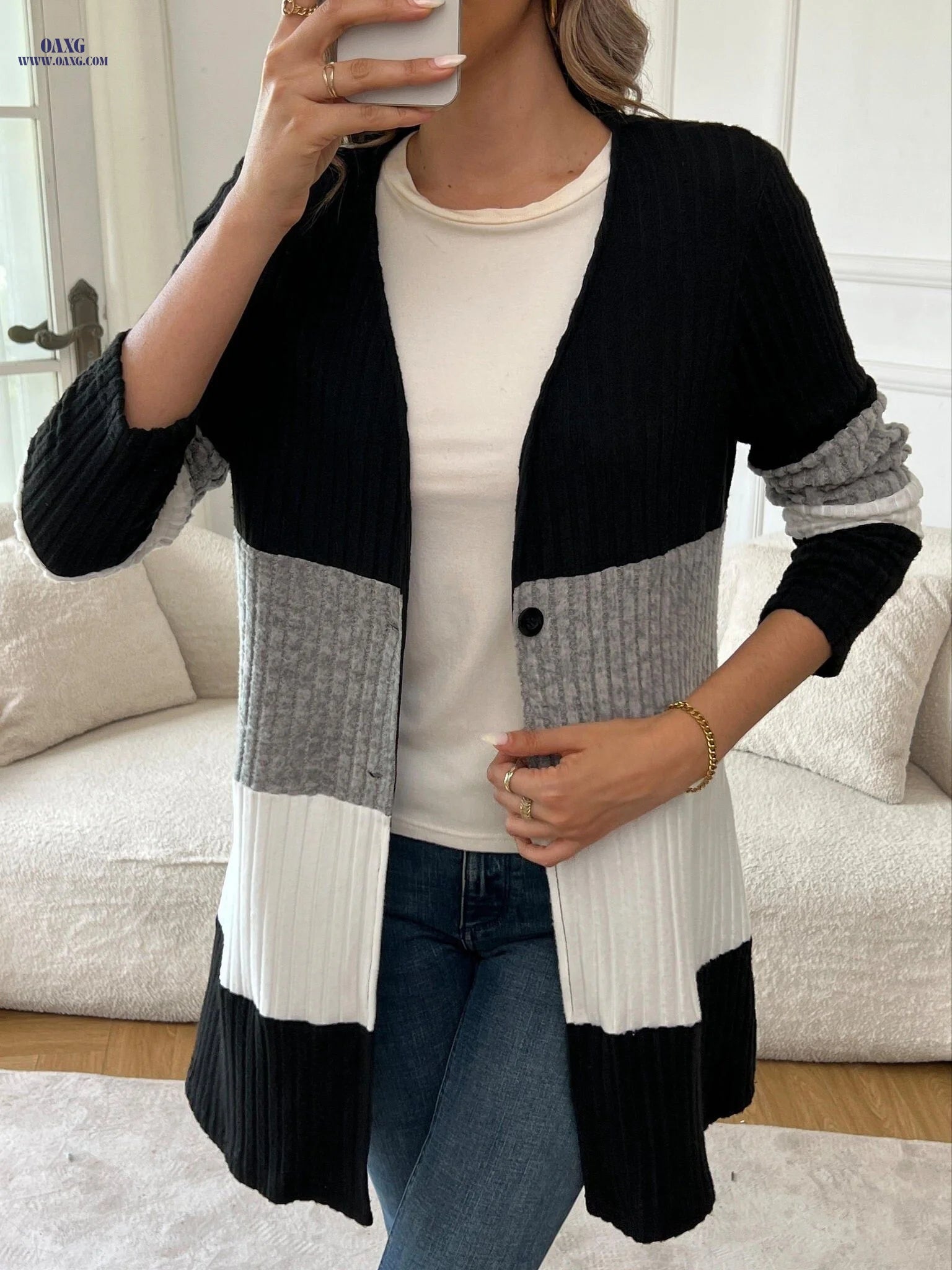 OAXG Elegant Color Block Cardigan - Versatile Mid-Length Top   OAXG Mixed colors / S