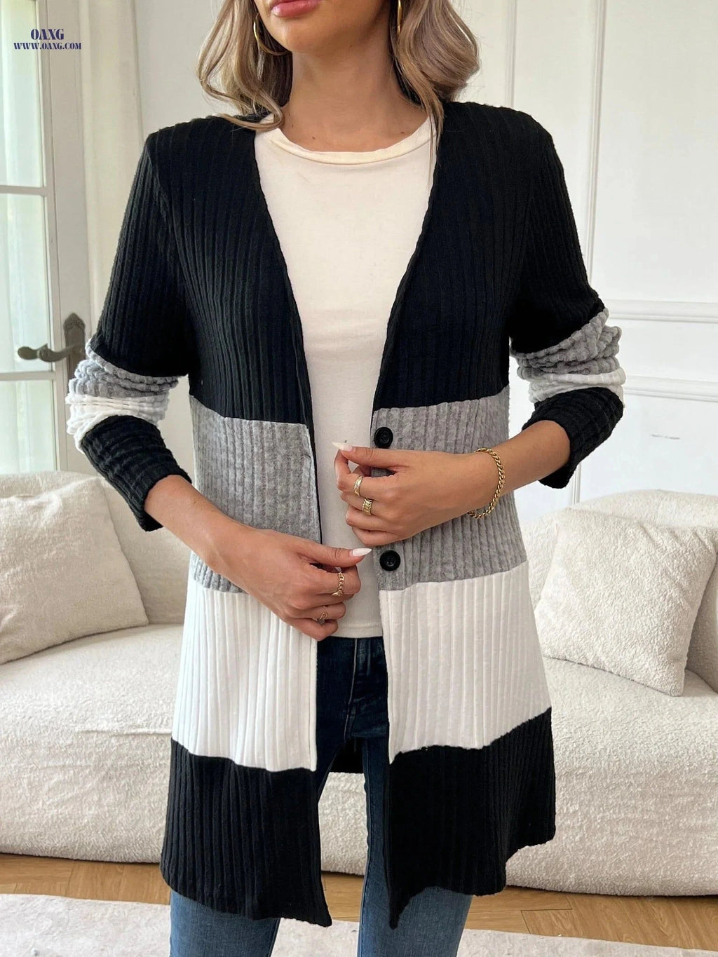 OAXG Elegant Color Block Cardigan - Versatile Mid-Length Top   OAXG Mixed colors / S
