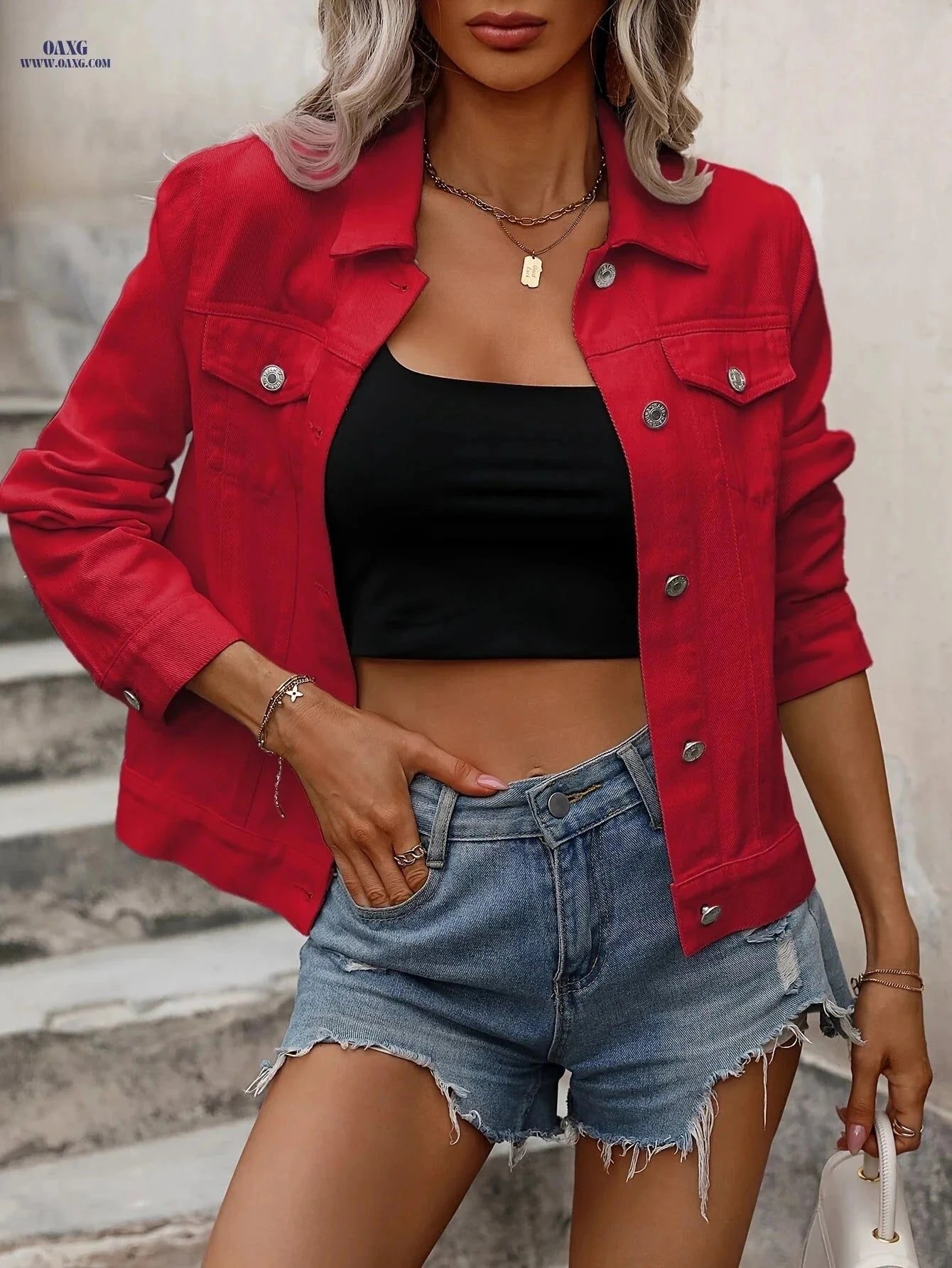 OAXG Elegant Denim Jacket - Long Sleeve Cotton Top for Spring/Fall   OAXG Red / S