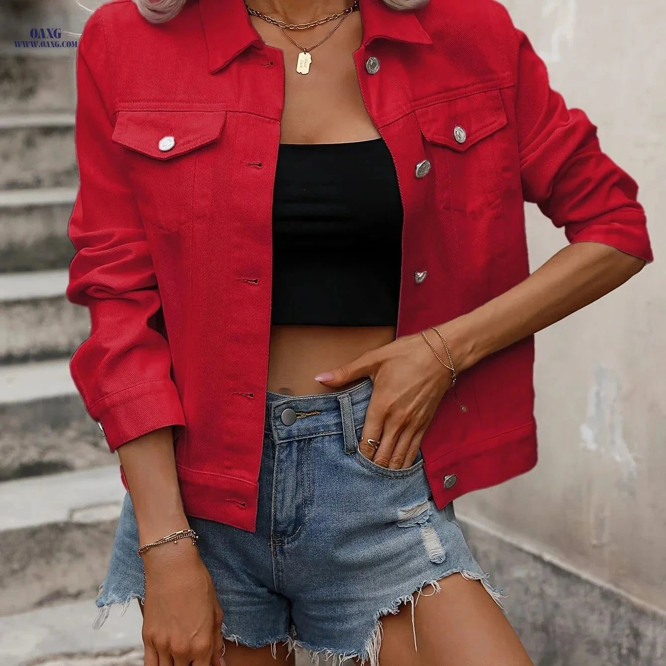 OAXG Elegant Denim Jacket - Long Sleeve Cotton Top for Spring/Fall   OAXG Red / S