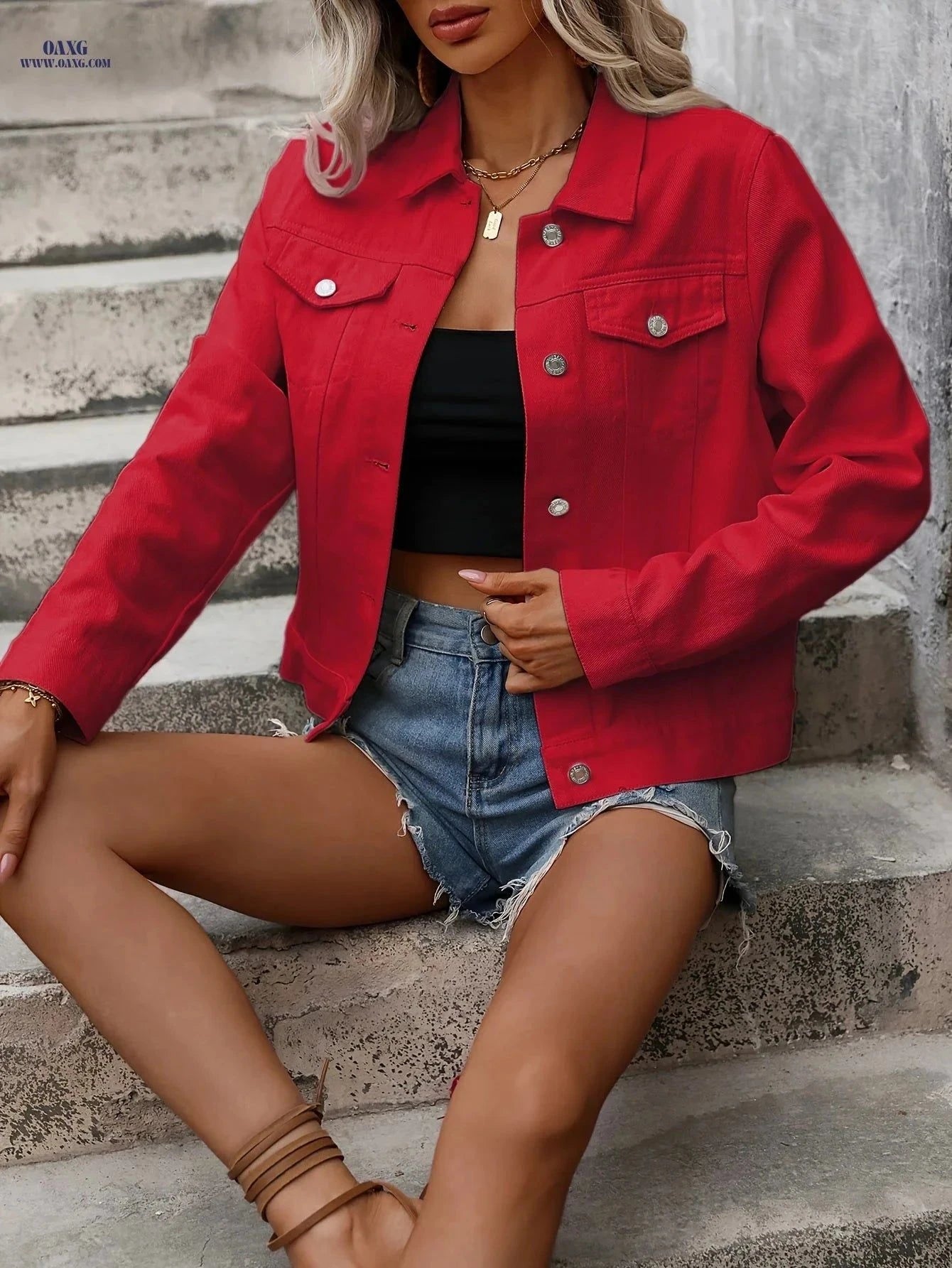 OAXG Elegant Denim Jacket - Long Sleeve Cotton Top for Spring/Fall   OAXG Red / S