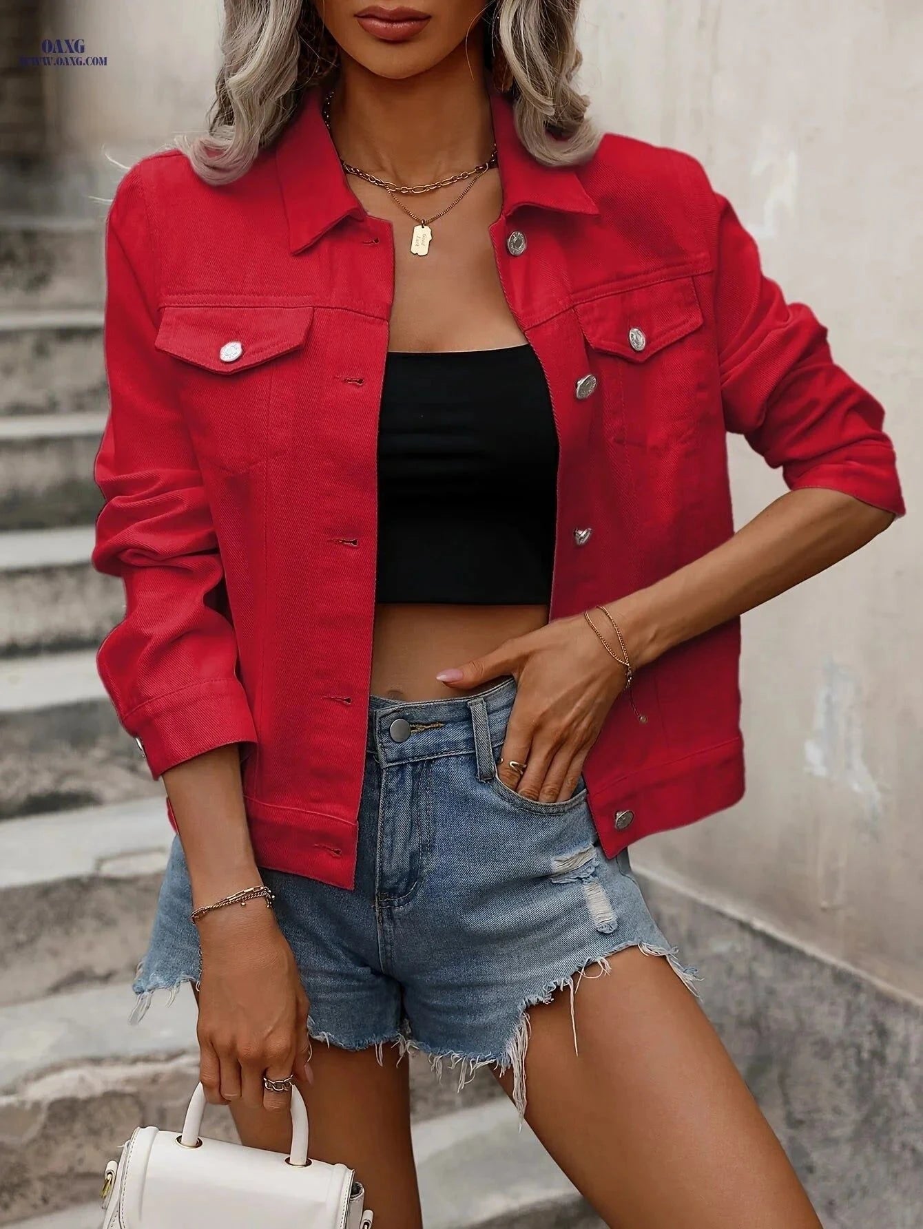 OAXG Elegant Denim Jacket - Long Sleeve Cotton Top for Spring/Fall   OAXG Red / S