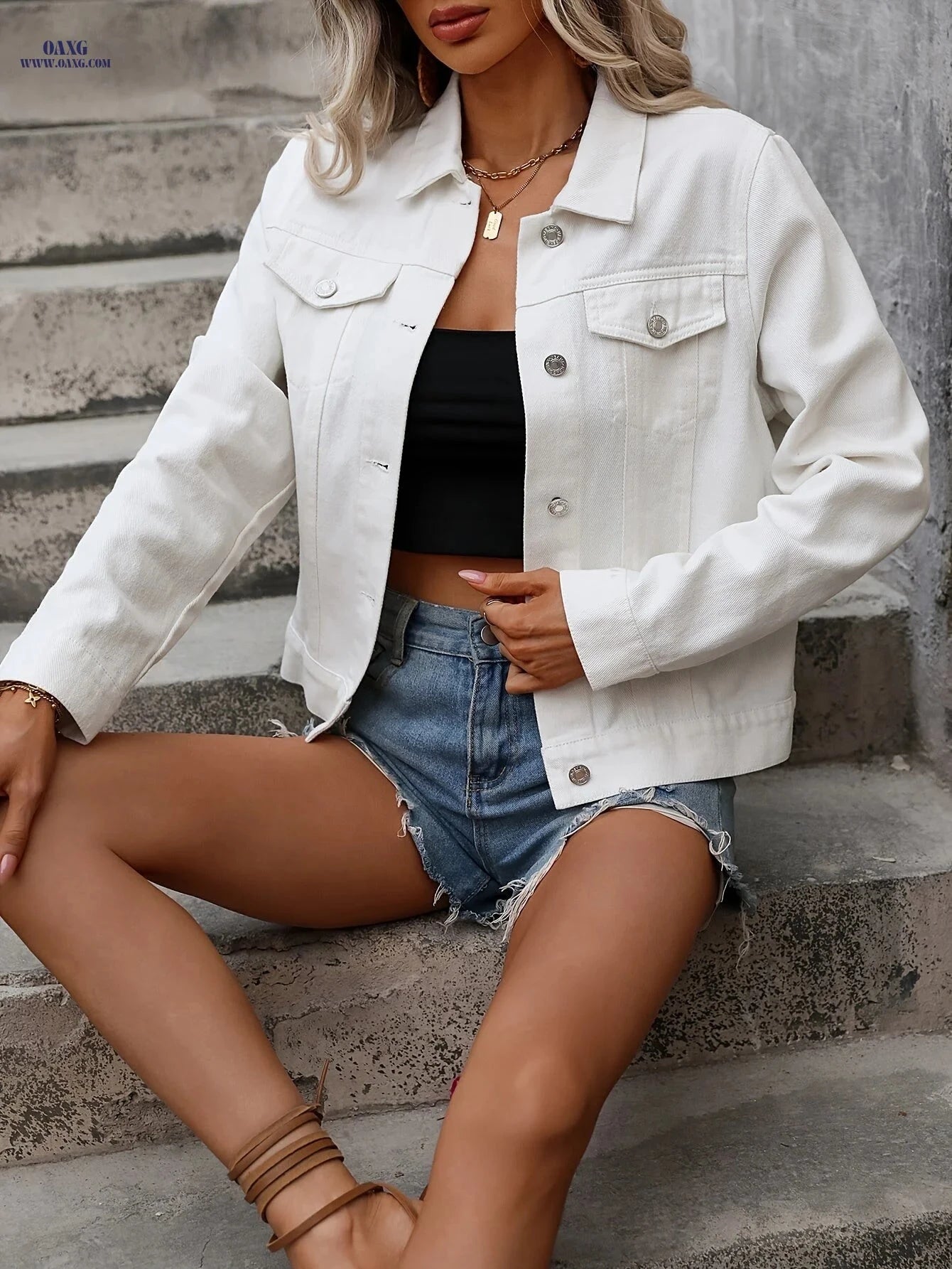 OAXG Elegant Denim Jacket - Long Sleeve, Straight Shoulder Design   OAXG 