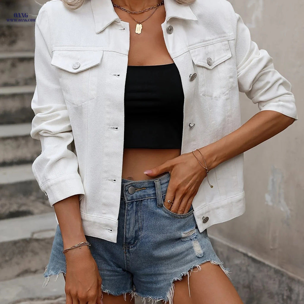 OAXG Elegant Denim Jacket - Long Sleeve, Straight Shoulder Design   OAXG 