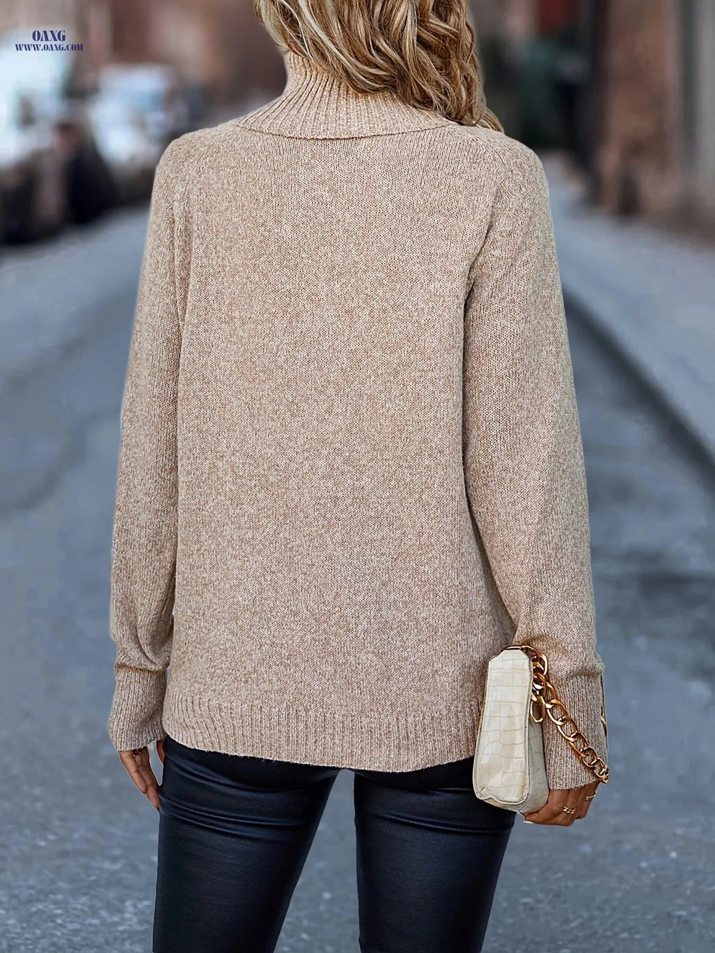 OAXG Elegant High Neck Pullover Sweater - Warm Fall/Winter Knit   OAXG Khaki / S