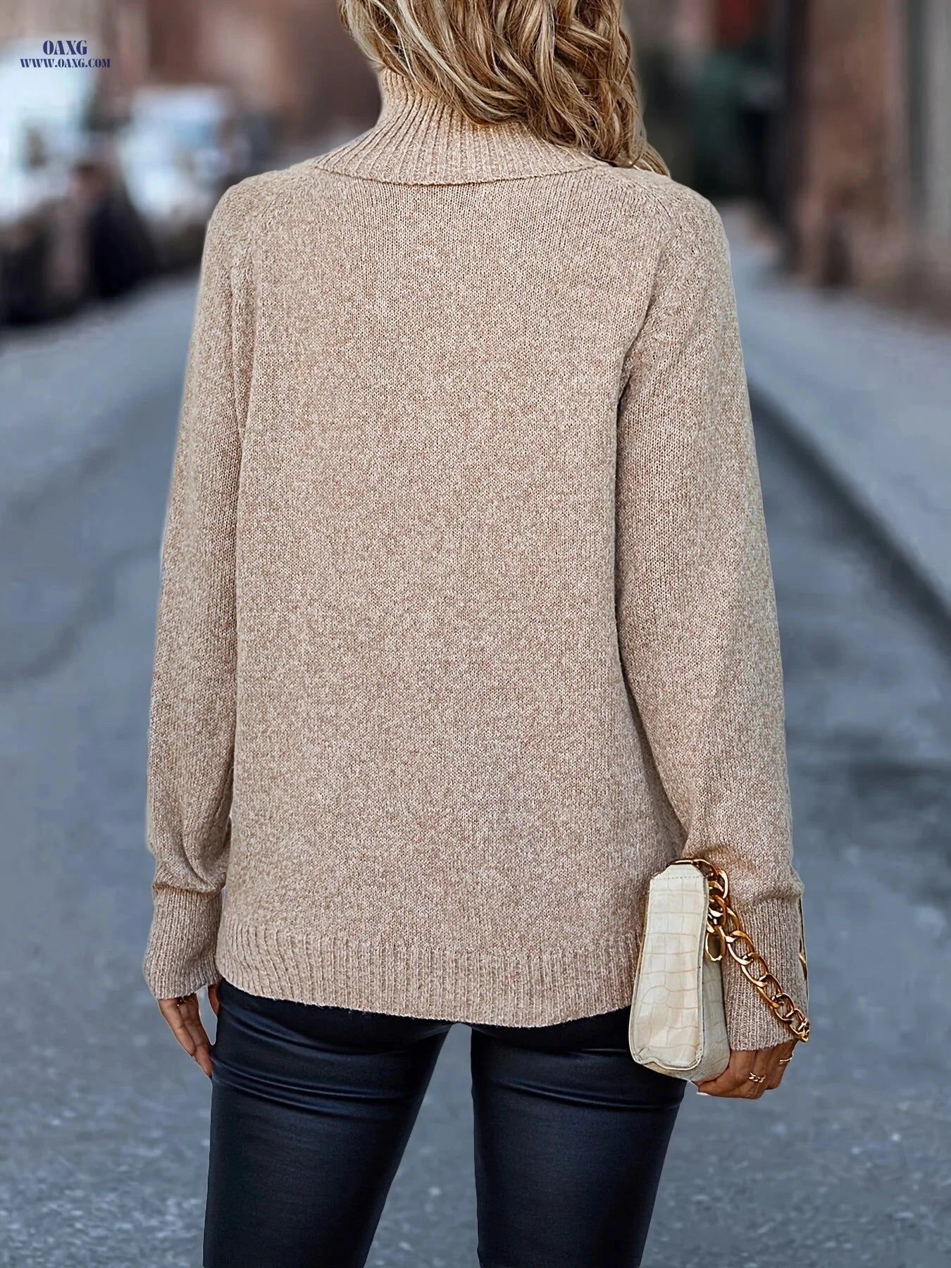 OAXG Elegant High Neck Pullover Sweater - Warm Fall/Winter Knit   OAXG Khaki / S