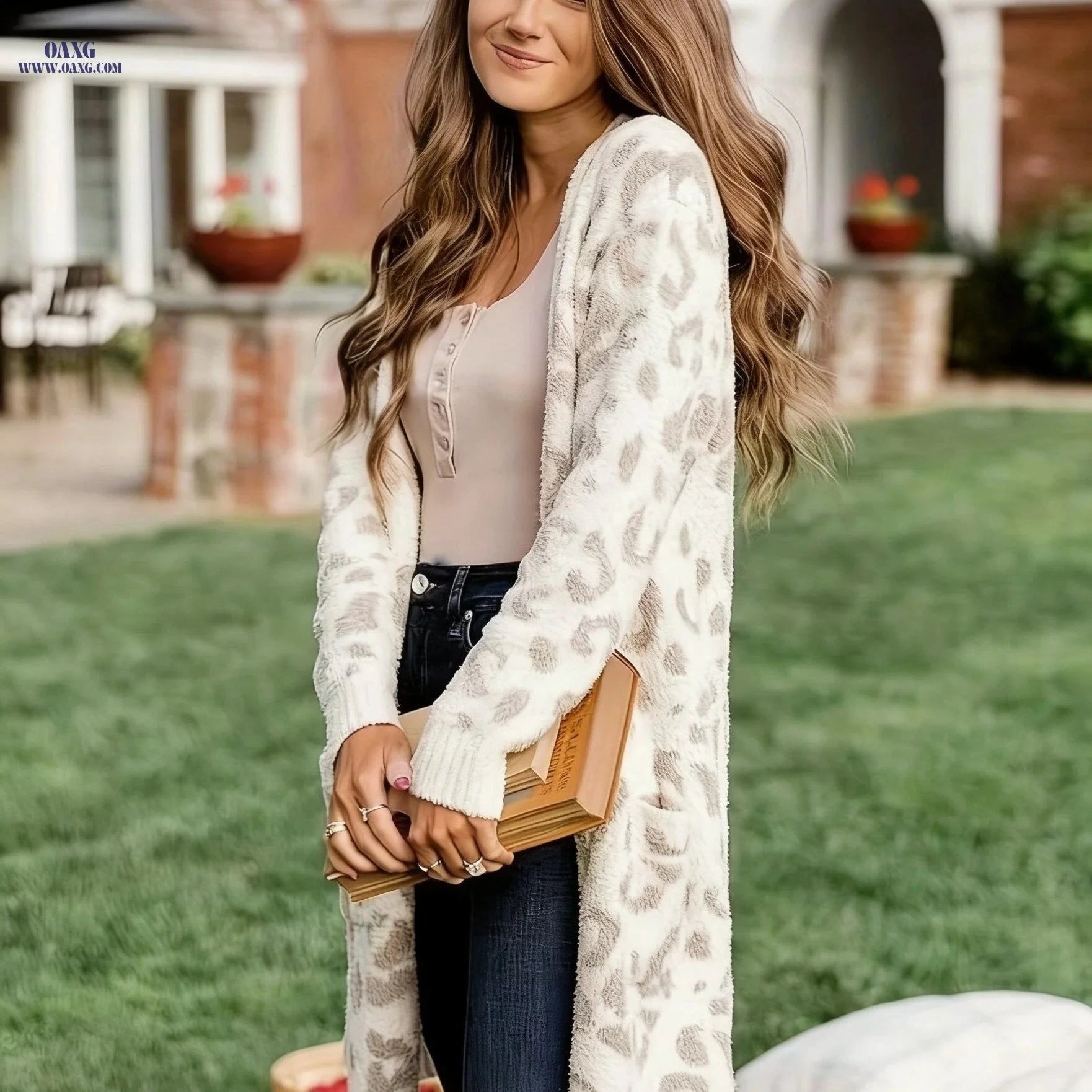 OAXG Elegant Leopard Jacquard Cardigan Dress for Autumn & Winter   OAXG White / S