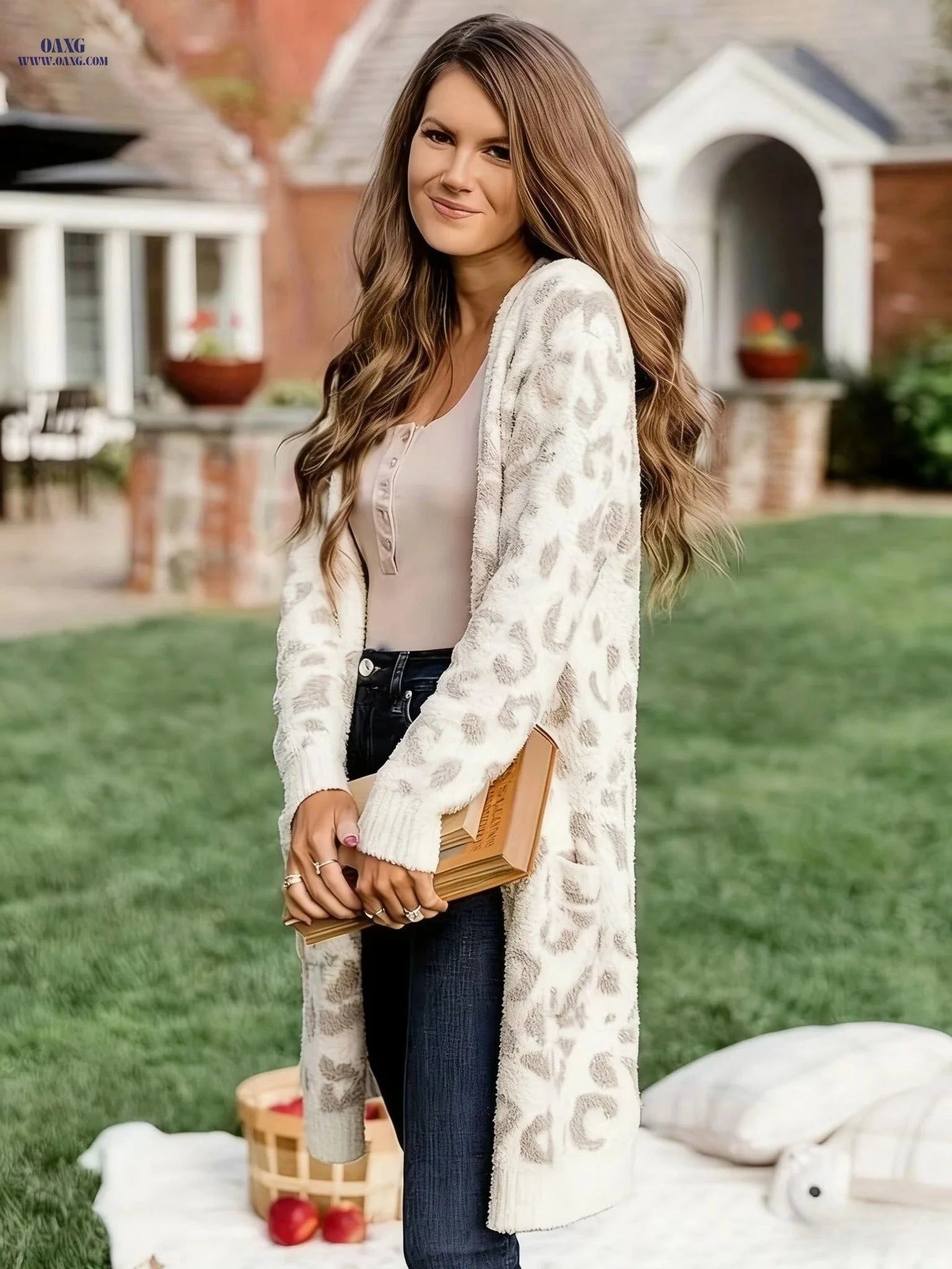 OAXG Elegant Leopard Jacquard Cardigan Dress for Autumn & Winter   OAXG White / S