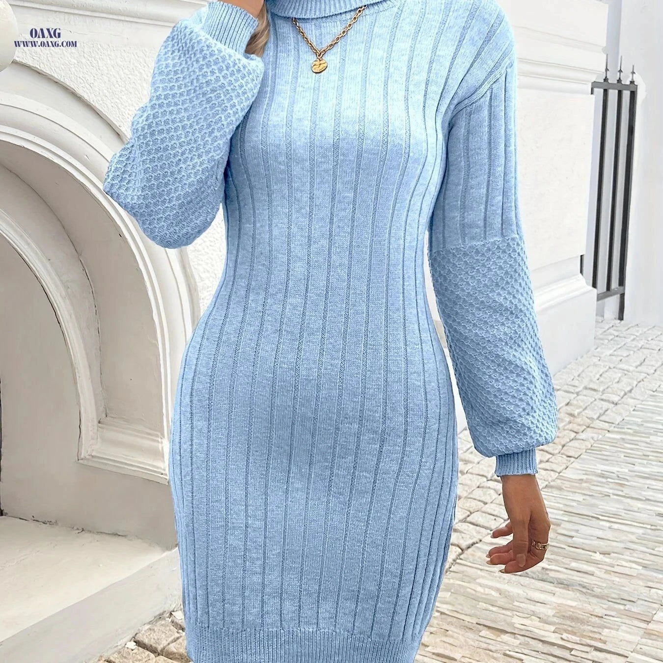 OAXG Elegant Long Sleeve Ribbed Dress - Perfect for Spring & Fall   OAXG Black / XS