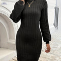 OAXG Elegant Long Sleeve Ribbed Dress - Perfect for Spring & Fall   OAXG Black / XS
