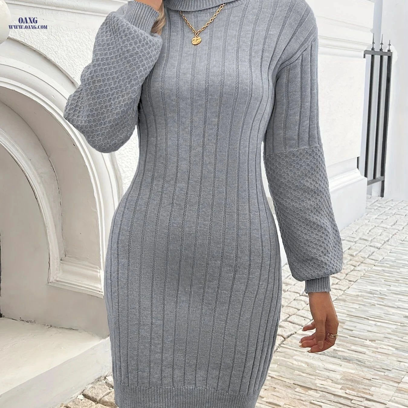 OAXG Elegant Long Sleeve Ribbed Dress - Perfect for Spring & Fall   OAXG Black / XS