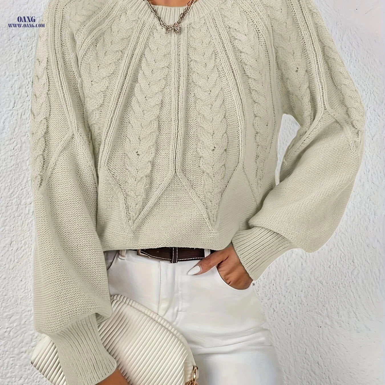 OAXG Elegant Loose Cable Knit Sweater - Long Sleeve, Round Neck   OAXG Beige / XS