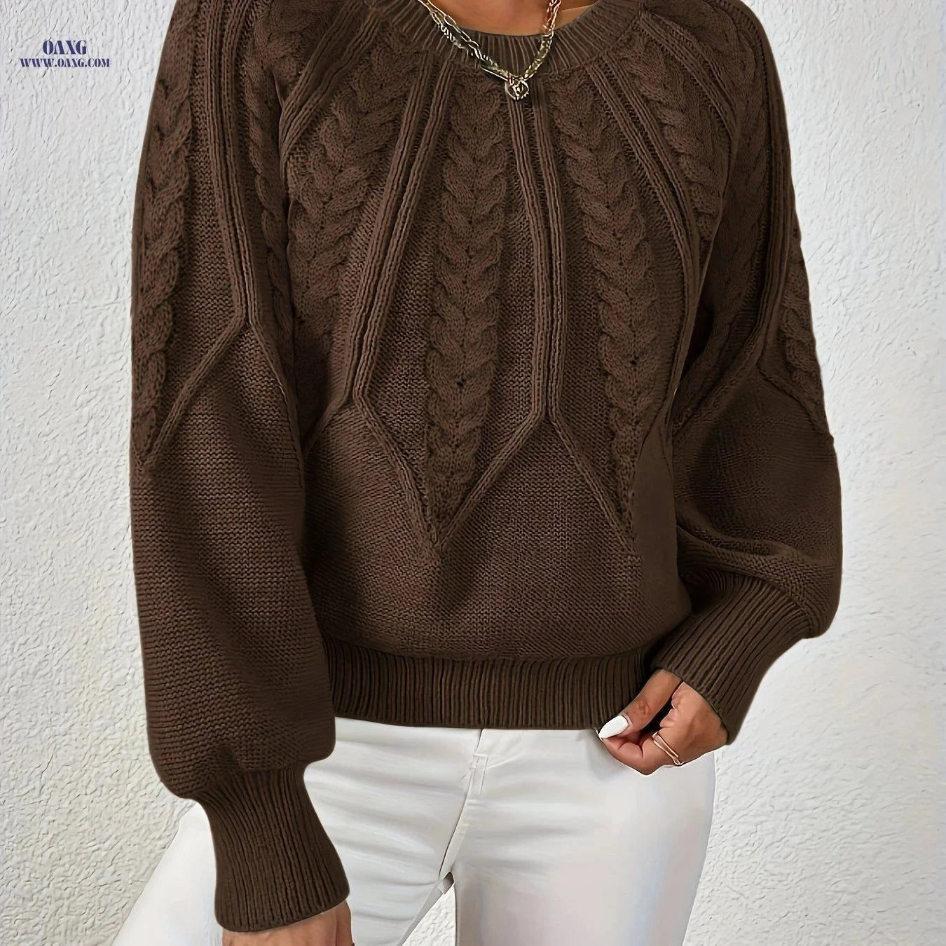 OAXG Elegant Loose Cable Knit Sweater - Long Sleeve, Round Neck   OAXG Beige / XS