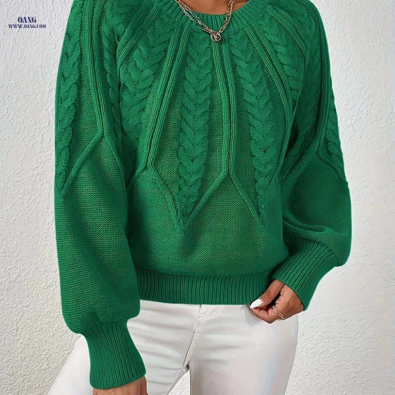 OAXG Elegant Loose Cable Knit Sweater - Long Sleeve, Round Neck   OAXG Beige / XS