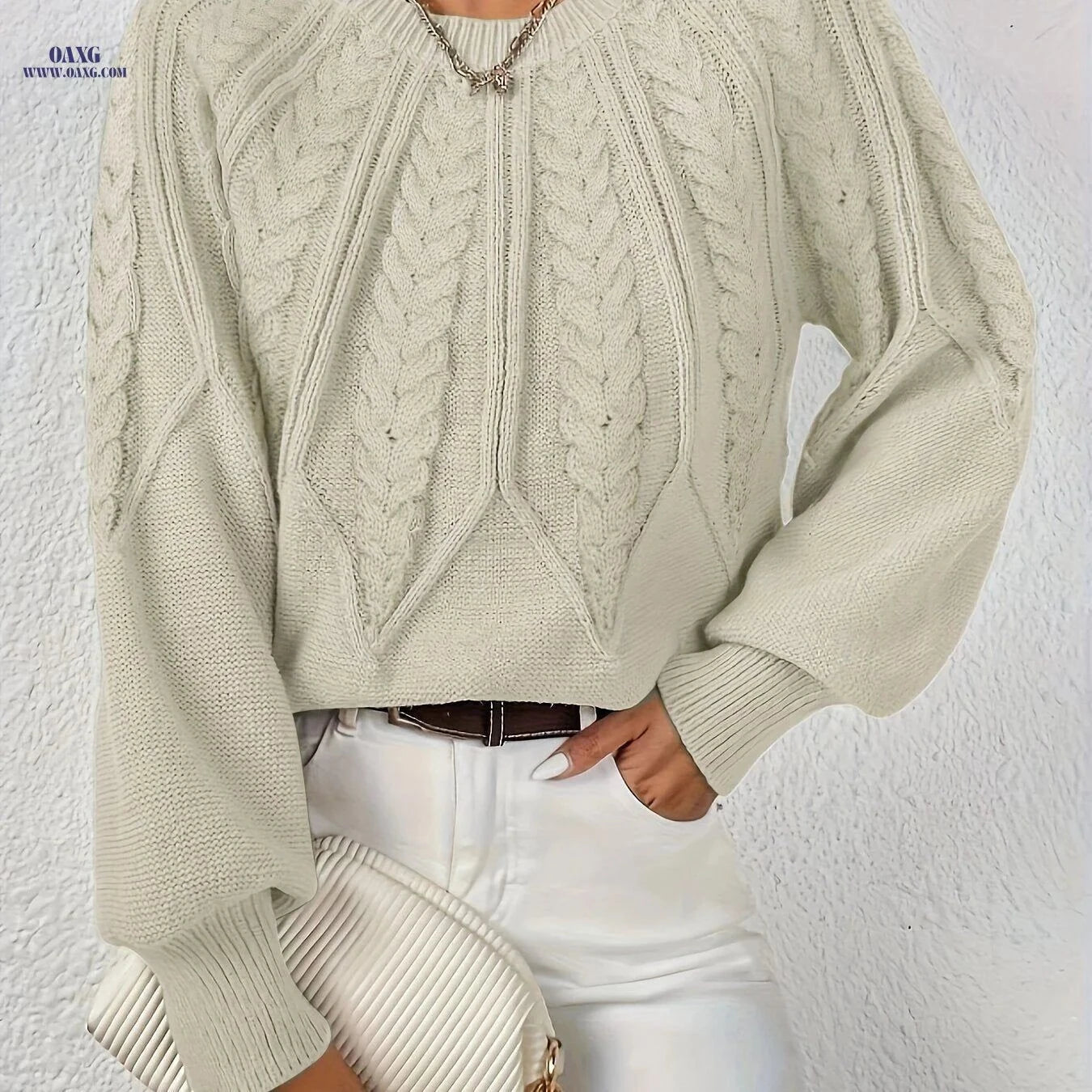 OAXG Elegant Loose Cable Knit Sweater - Long Sleeve, Round Neck   OAXG Beige / XS