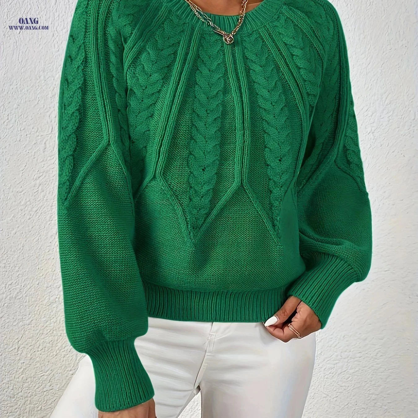 OAXG Elegant Loose Cable Knit Sweater - Long Sleeve, Round Neck   OAXG Beige / XS