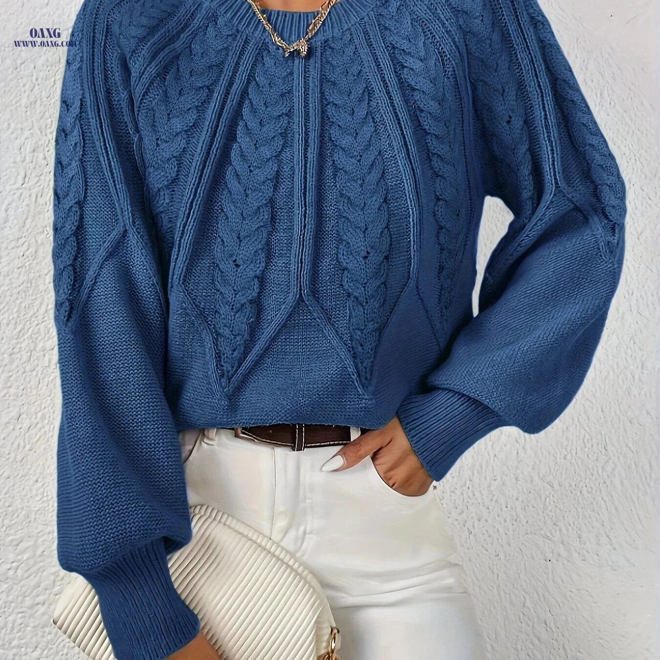 OAXG Elegant Loose Cable Knit Sweater - Long Sleeve, Round Neck   OAXG Beige / XS