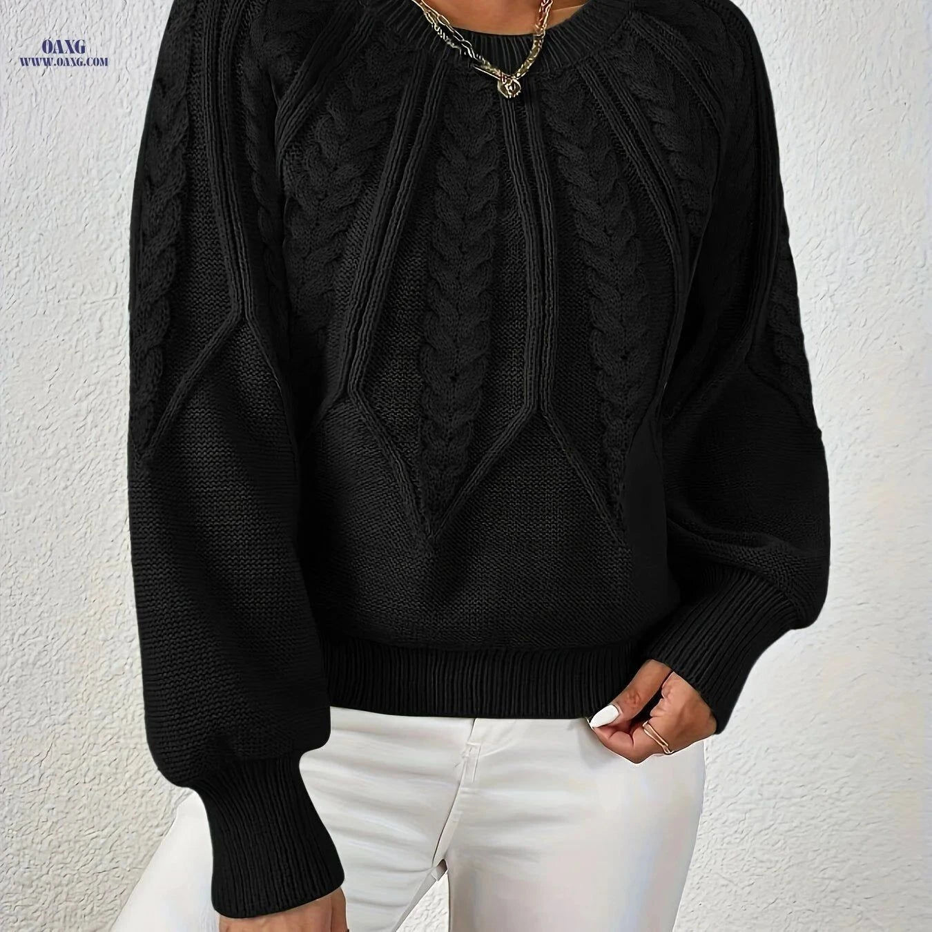 OAXG Elegant Loose Cable Knit Sweater - Long Sleeve, Round Neck   OAXG Beige / XS