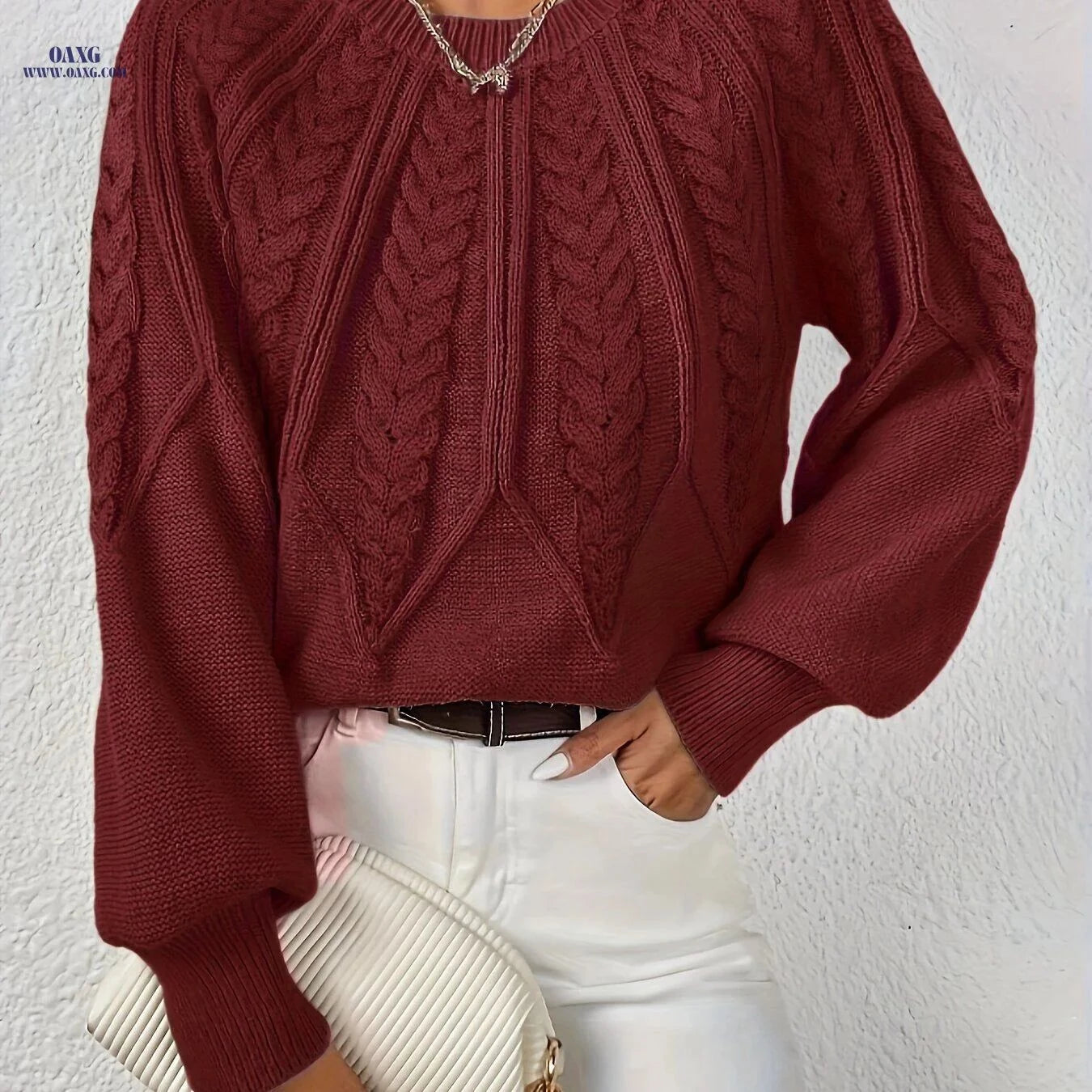 OAXG Elegant Loose Cable Knit Sweater - Long Sleeve, Round Neck   OAXG Beige / XS