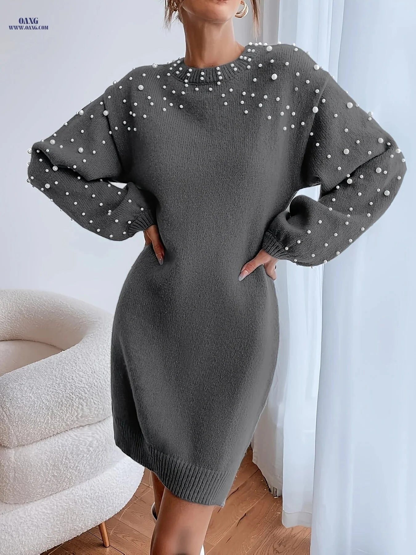 OAXG Elegant Midi Sweater Dress - Lantern Sleeve, Knit Fabric   OAXG Dark Gray / XS