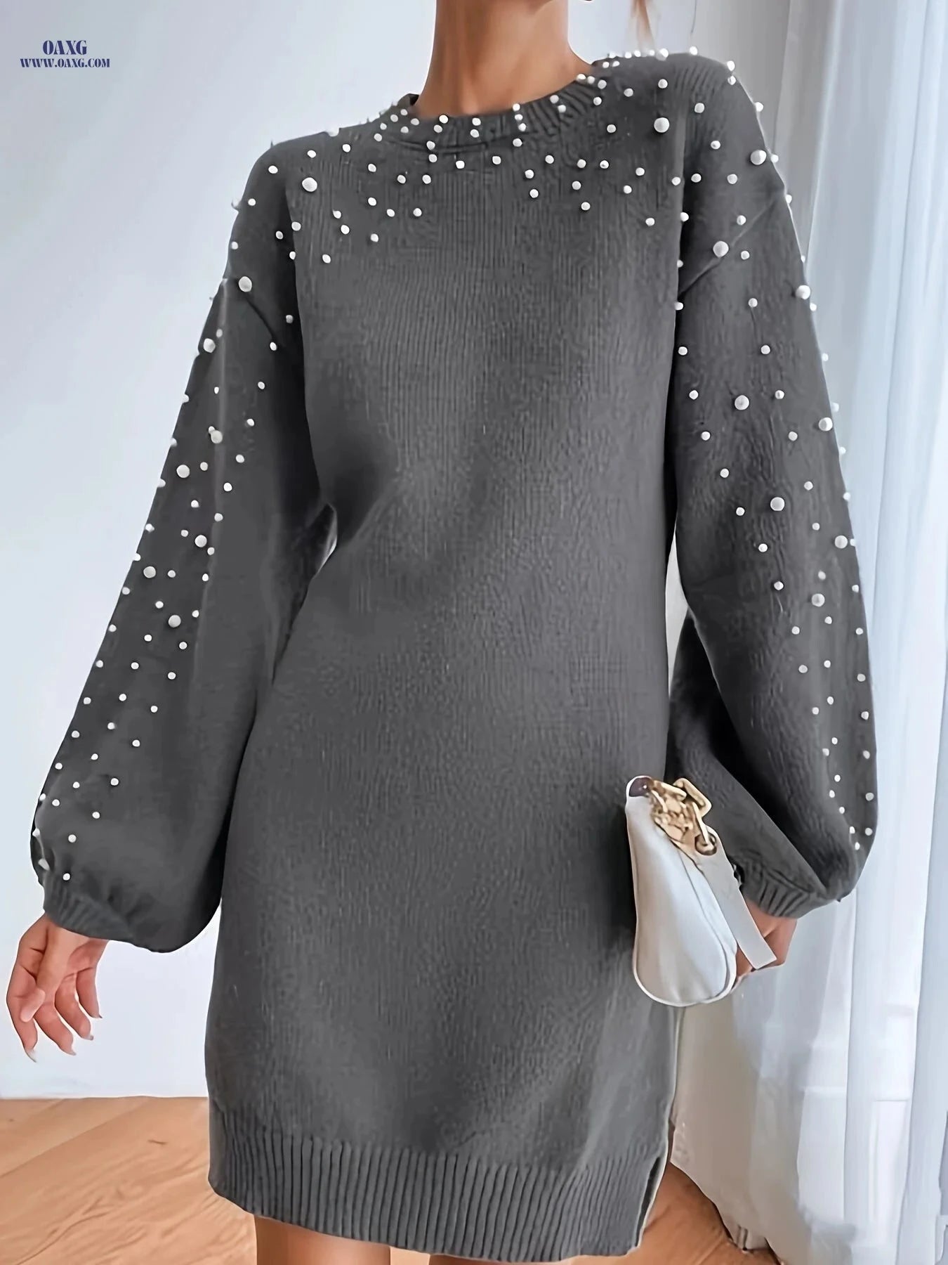OAXG Elegant Midi Sweater Dress - Lantern Sleeve, Knit Fabric   OAXG Dark Gray / XS
