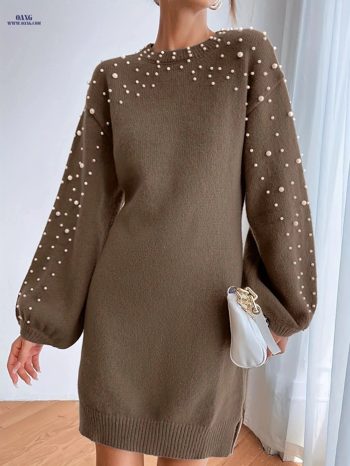 OAXG Elegant Midi Sweater Dress - Lantern Sleeve, Knit Fabric   OAXG Dark Gray / XS