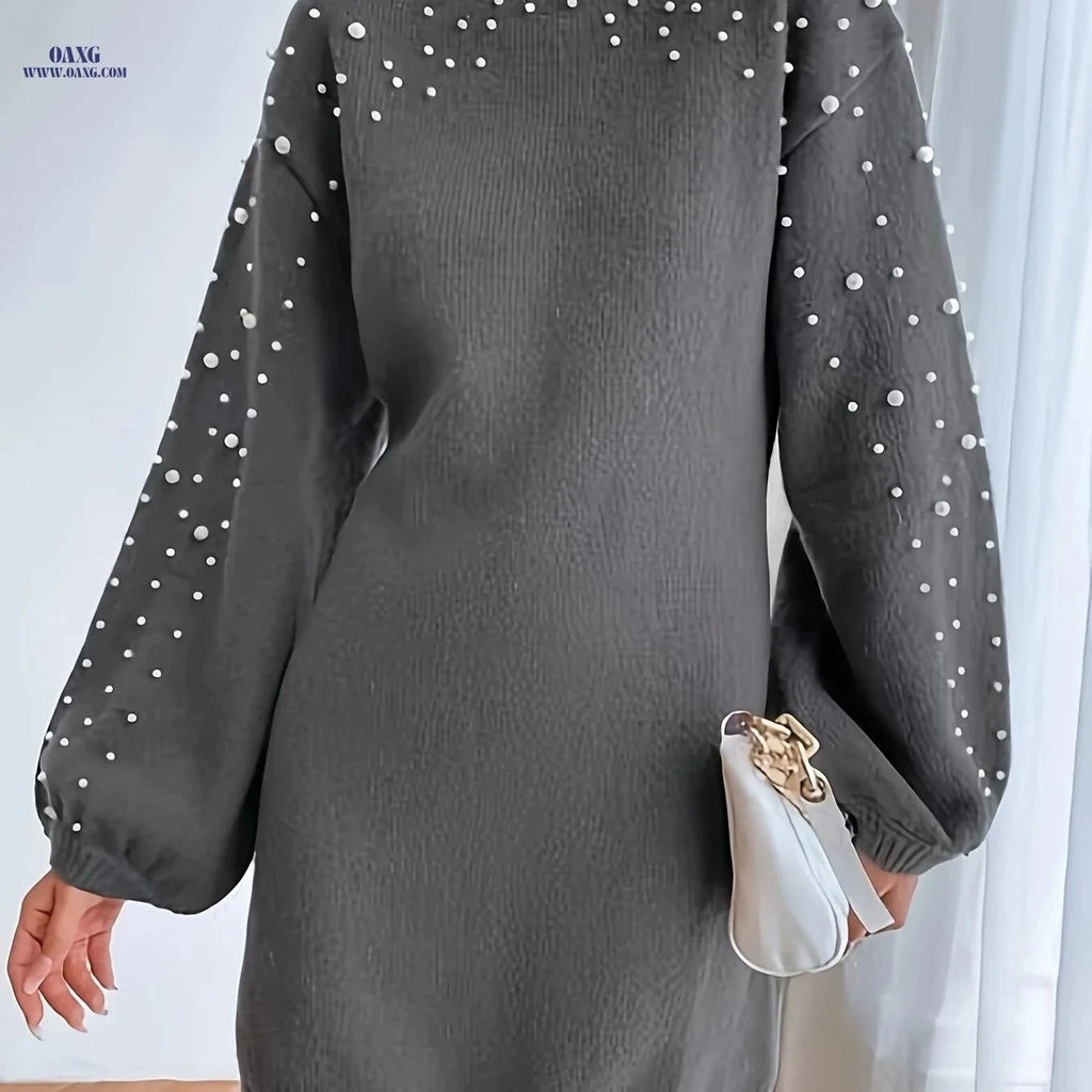 OAXG Elegant Midi Sweater Dress - Lantern Sleeve, Knit Fabric   OAXG Dark Gray / XS