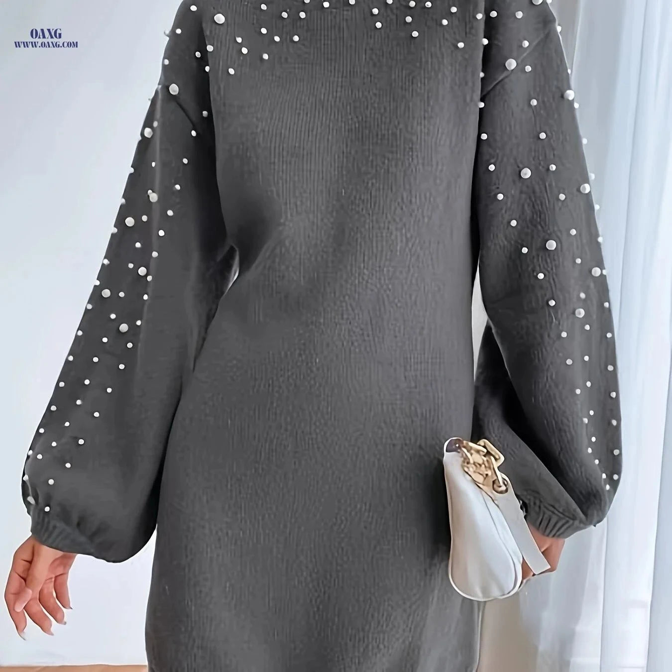 OAXG Elegant Midi Sweater Dress - Lantern Sleeve, Knit Fabric   OAXG Dark Gray / XS