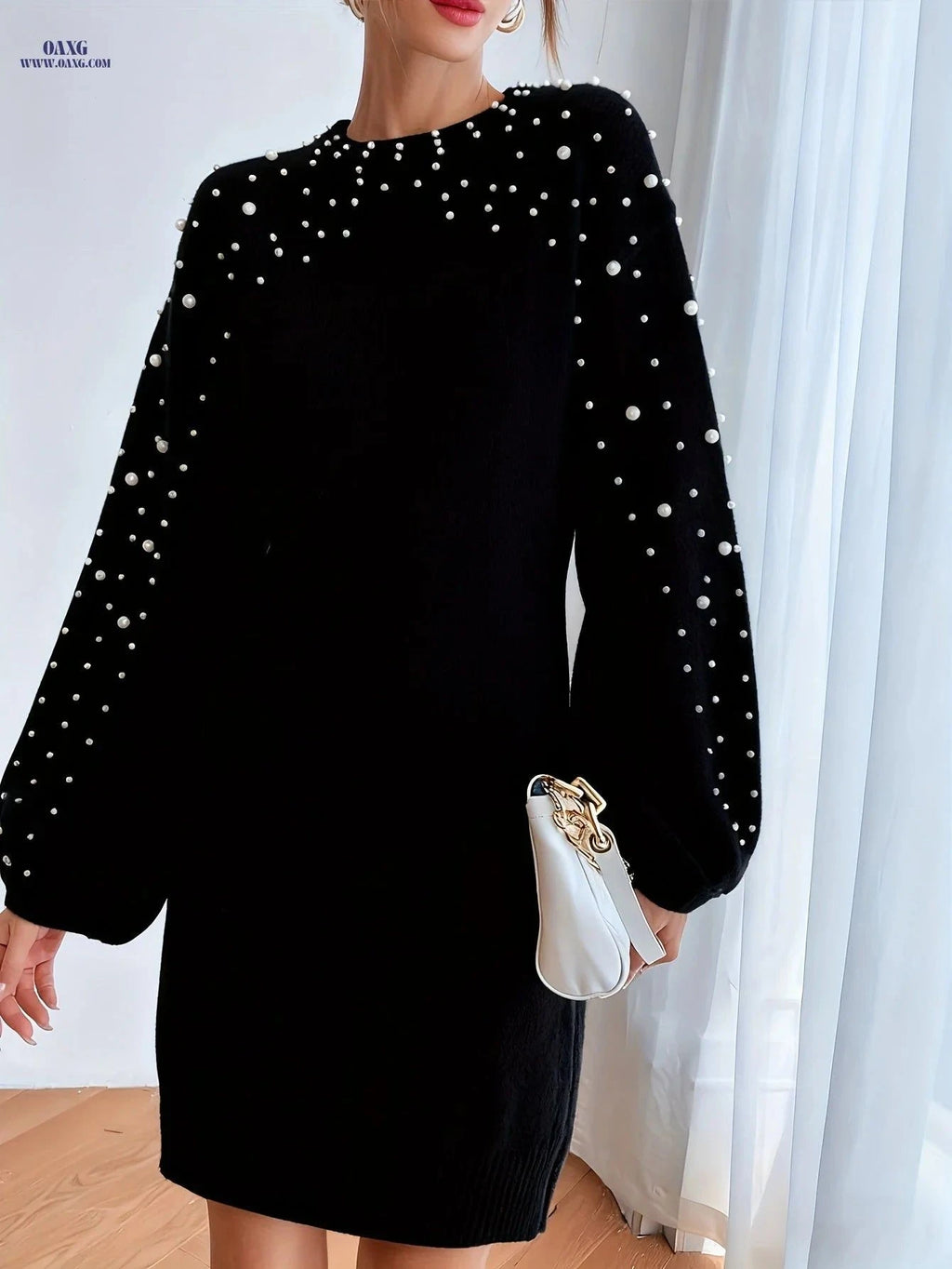 OAXG Elegant Midi Sweater Dress - Lantern Sleeve, Knit Fabric   OAXG Dark Gray / XS