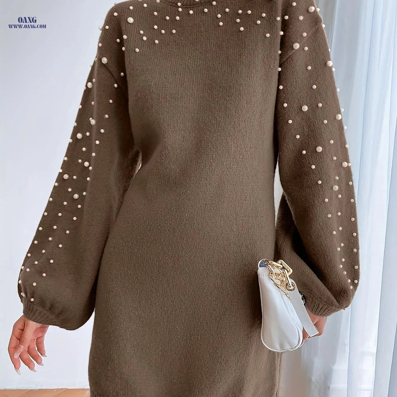 OAXG Elegant Midi Sweater Dress - Lantern Sleeve, Knit Fabric   OAXG Dark Gray / XS