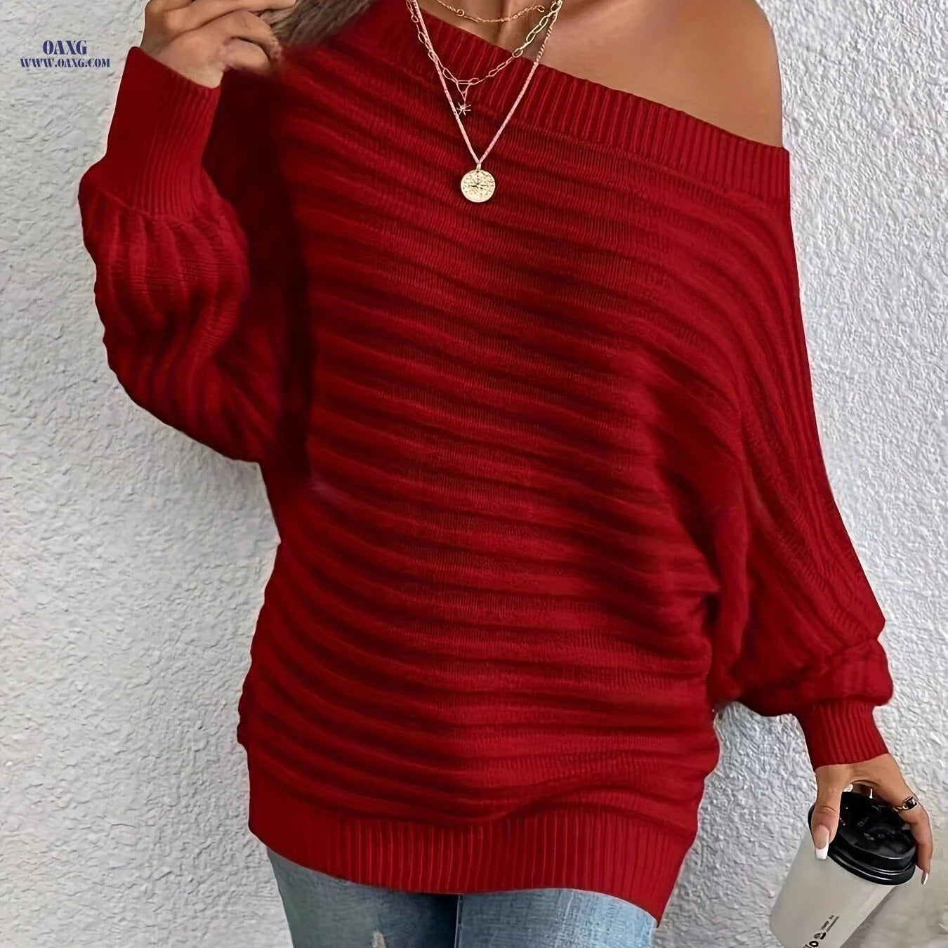 OAXG Elegant Off-the-Shoulder Sweater - Trendy Fall/Winter Fashion   OAXG White / S