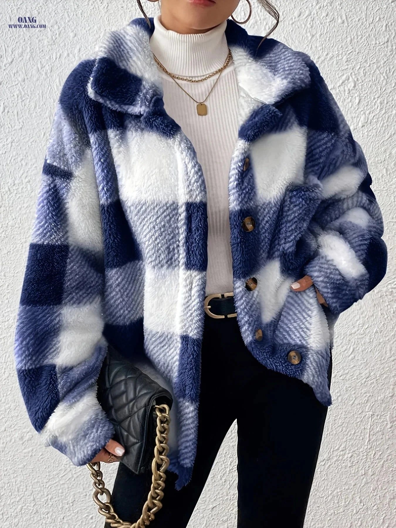 OAXG Elegant Plaid Fleece Jacket - Cozy Fall/Winter Casual Wear   OAXG Light Grey / S