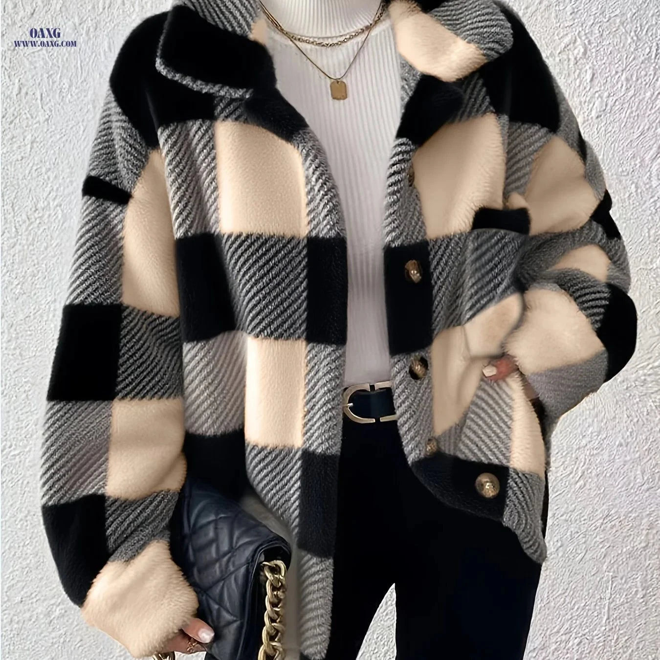 OAXG Elegant Plaid Fleece Jacket - Cozy Fall/Winter Casual Wear   OAXG Light Grey / S