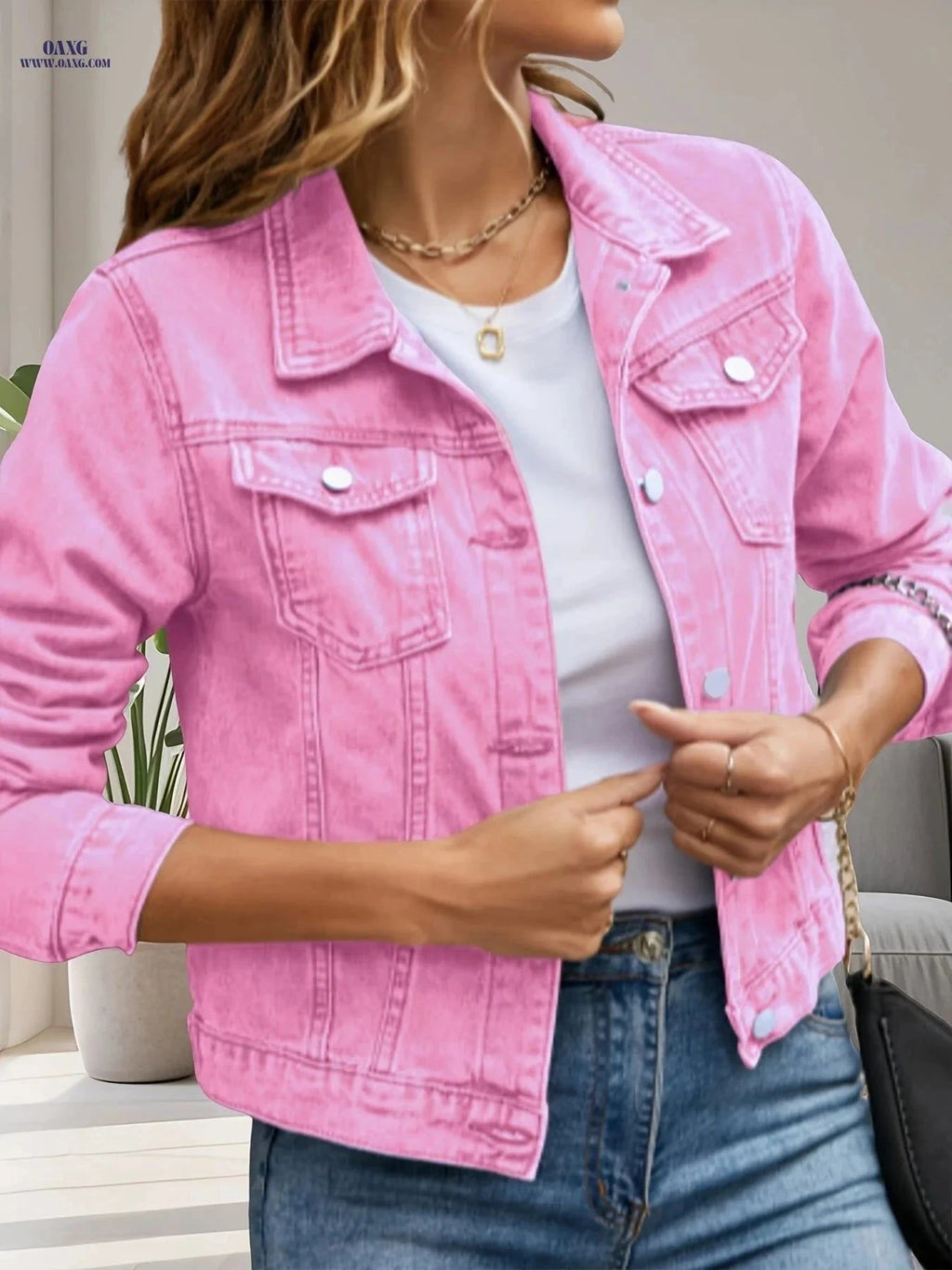 OAXG Elegant Pure Pink Denim Jacket - Long Sleeve, Casual Style   OAXG Bright Pink Color / XS