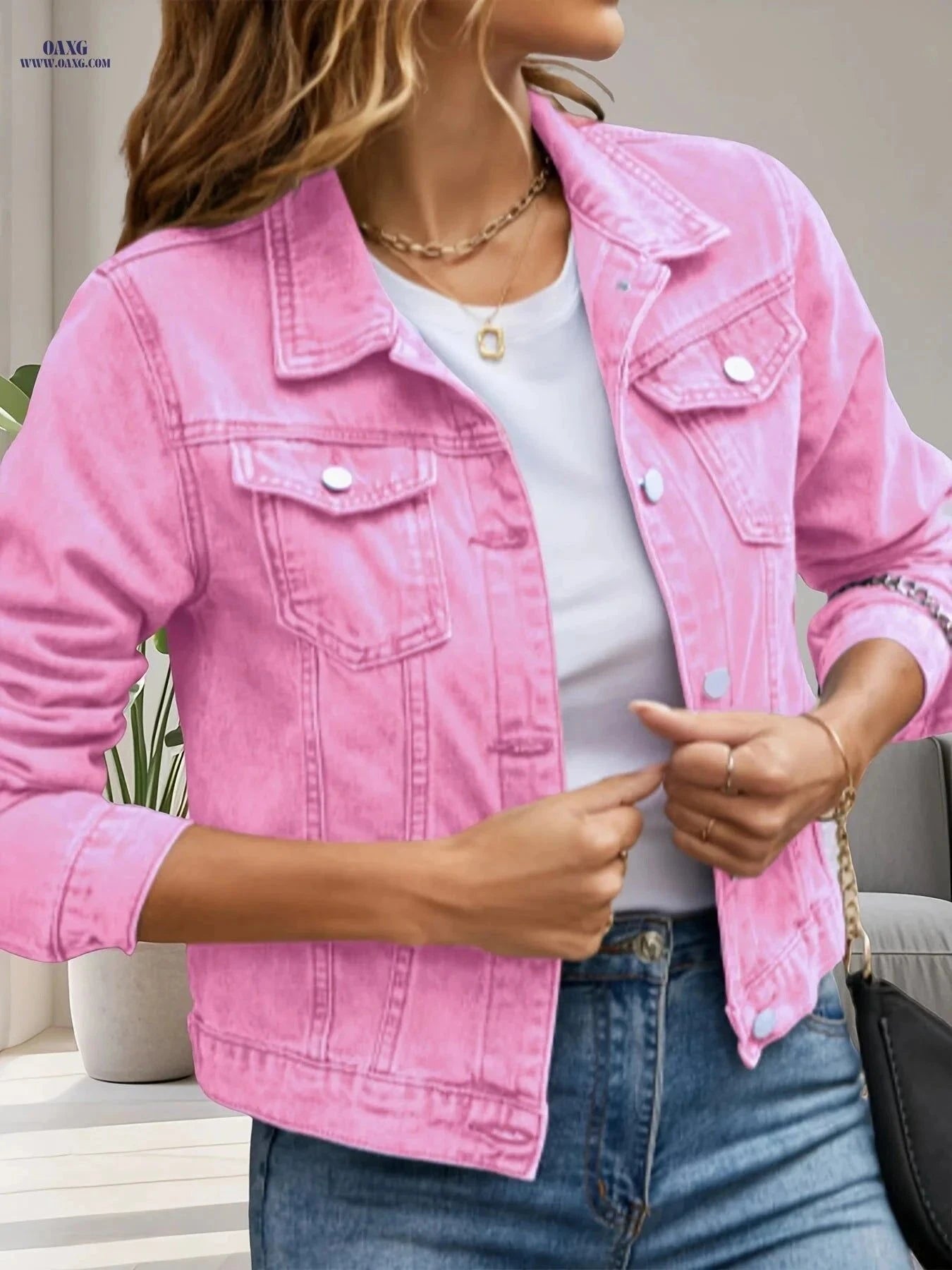 OAXG Elegant Pure Pink Denim Jacket - Long Sleeve, Casual Style   OAXG Bright Pink Color / XS